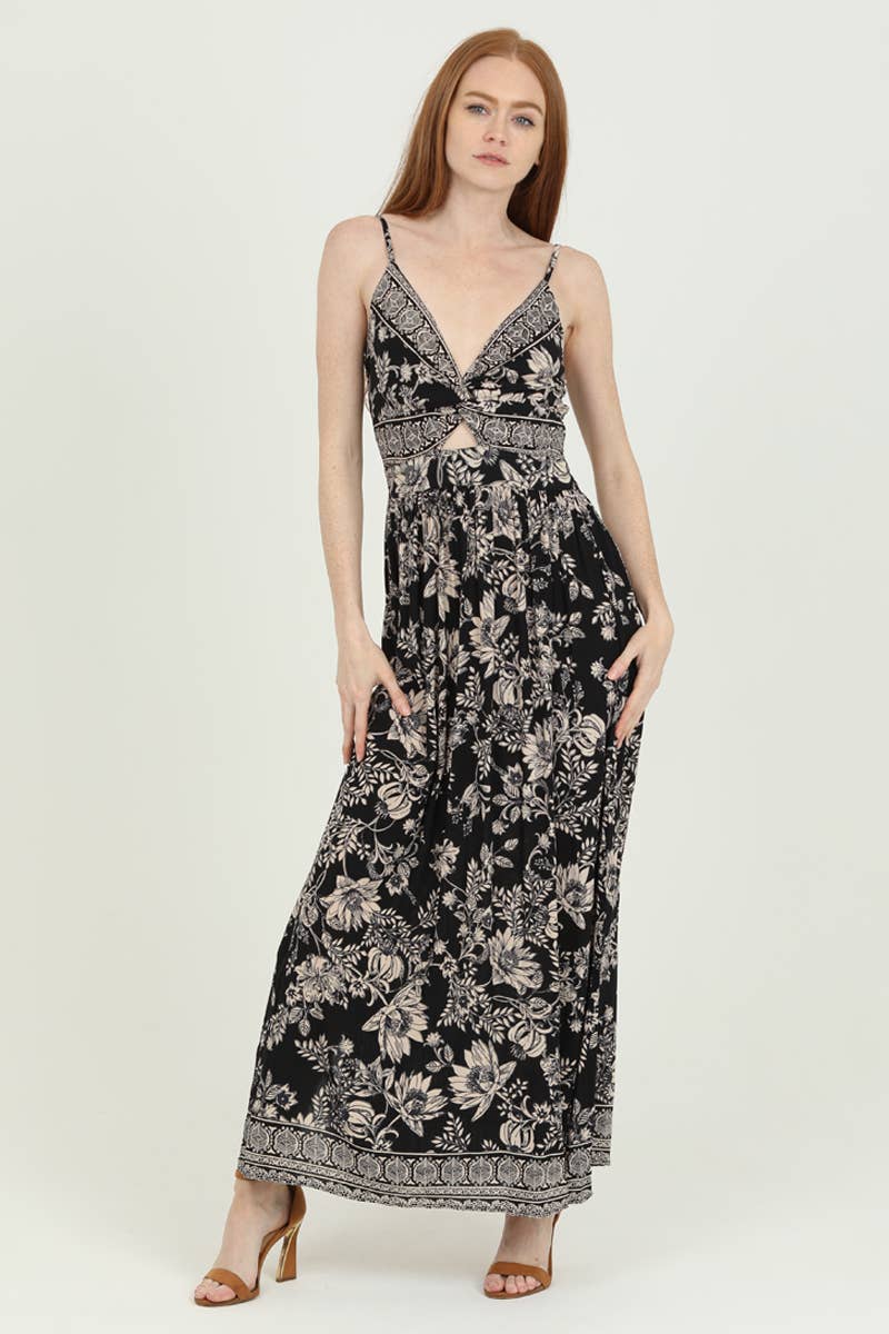 F4B48-FO23 V NECK TWIST FRONT MAXI DRESS