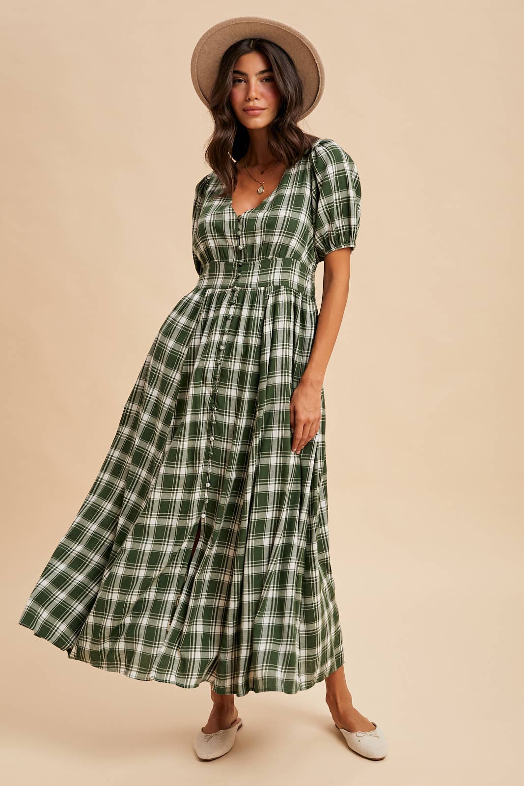 PLAID BUTTON DOWN MAXI DRESS: CHESTNUT / ILD6400