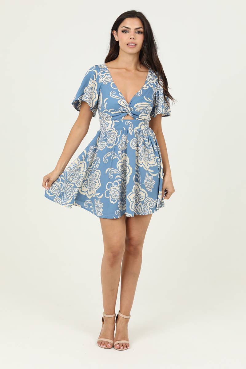 C4458-A888 V NECK TWIST FRONT SHORT SLEEVE DRESS W CUT OUT
