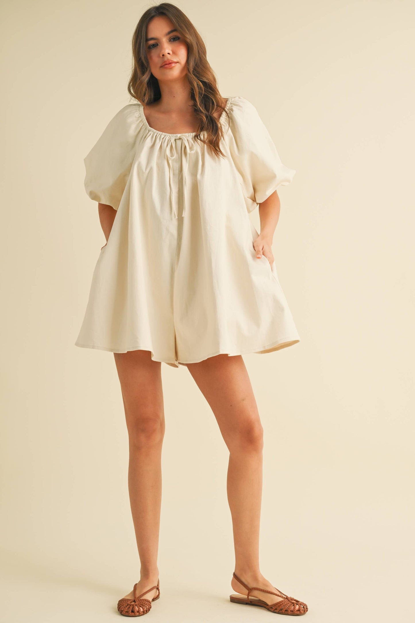 IR2196-A PUFF SLEEVE RELAXED FIT BOXY DENIM ROMPER: CREAM