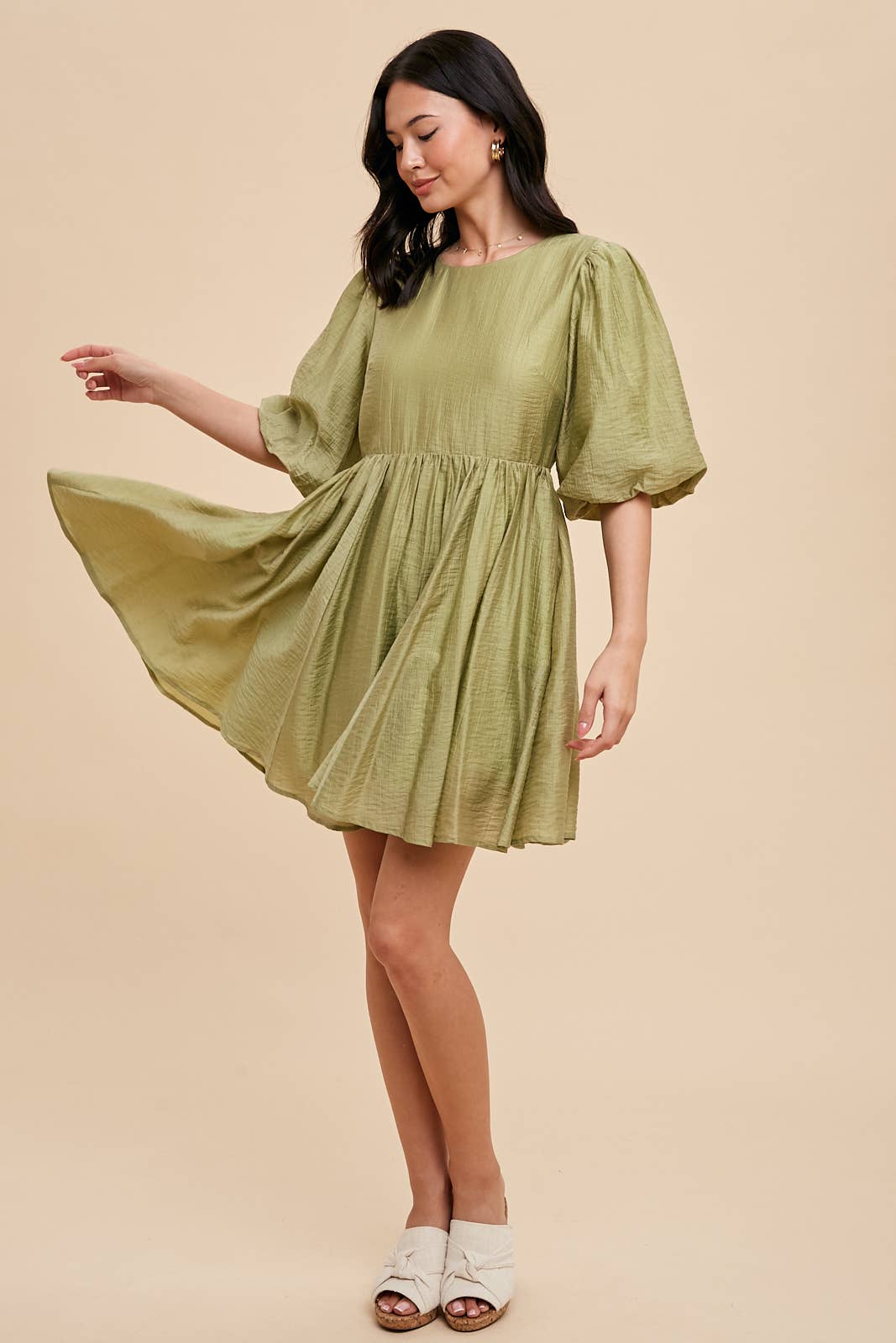 TENCEL BLEND PUFF SLEEVE MINI DRESS: ILD5681 / OFF WHITE