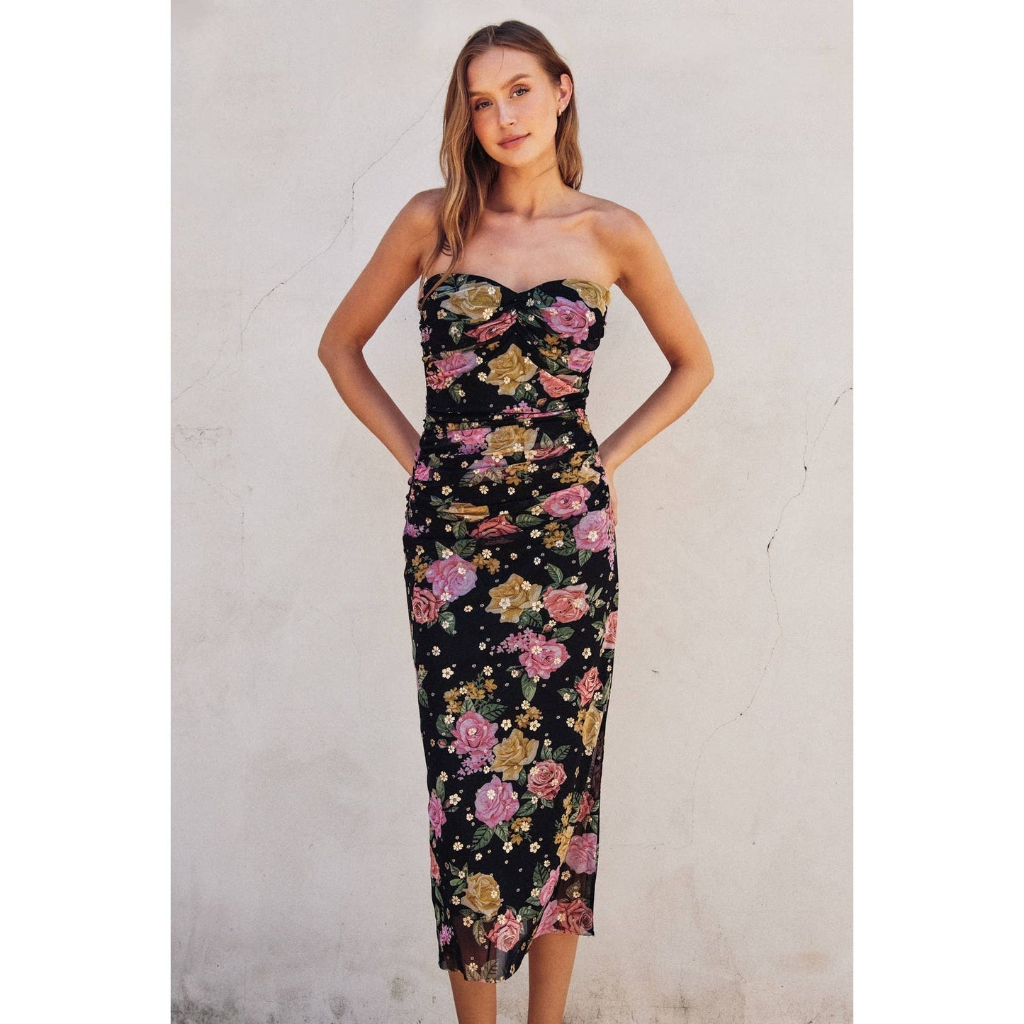Floral Mesh Sweetheart Bodycon Maxi Dress: BLACK FD12061-P488