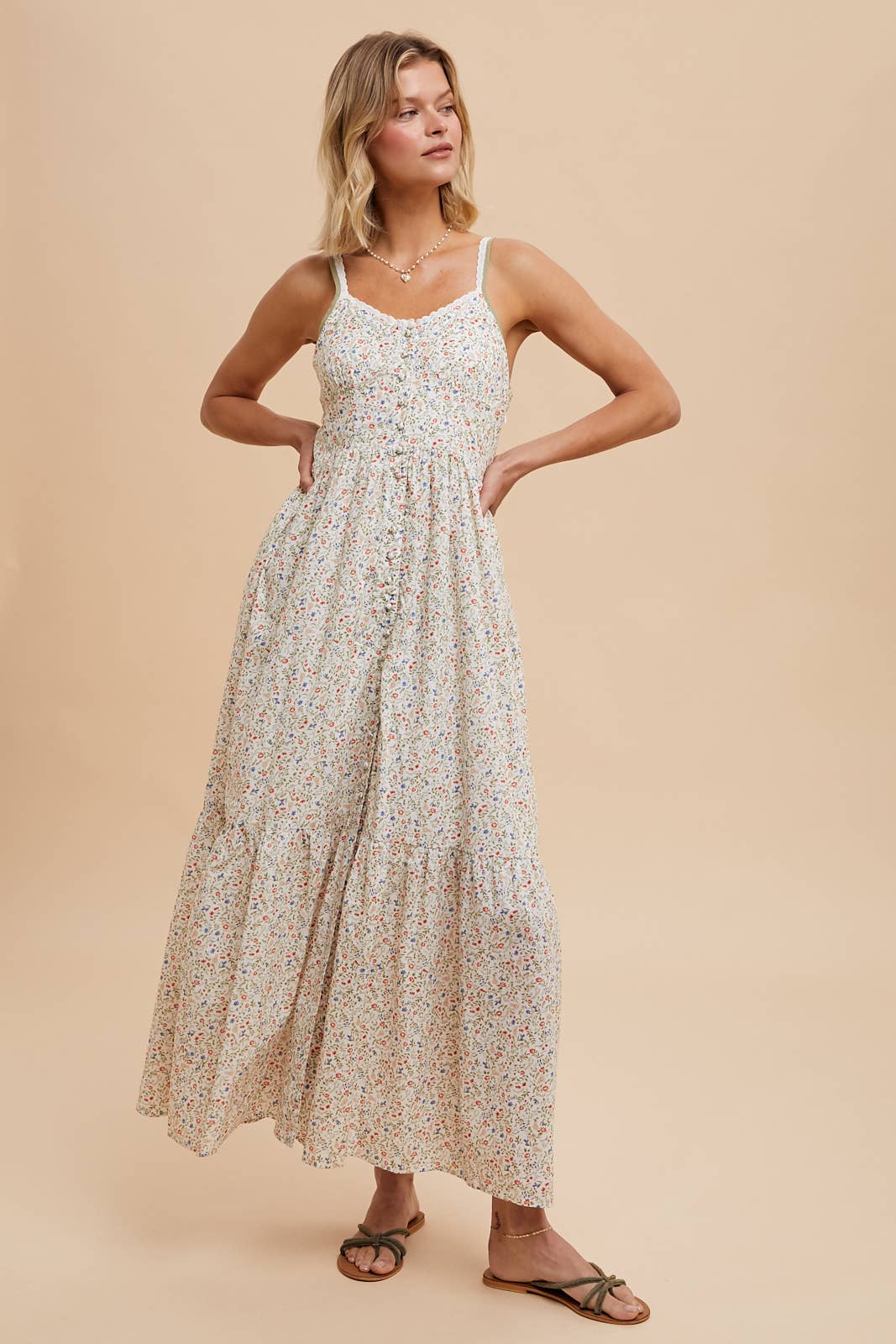 COTTON FLORAL BUTTON DOWN MAXI: CREME RED BLUE / ILD5699