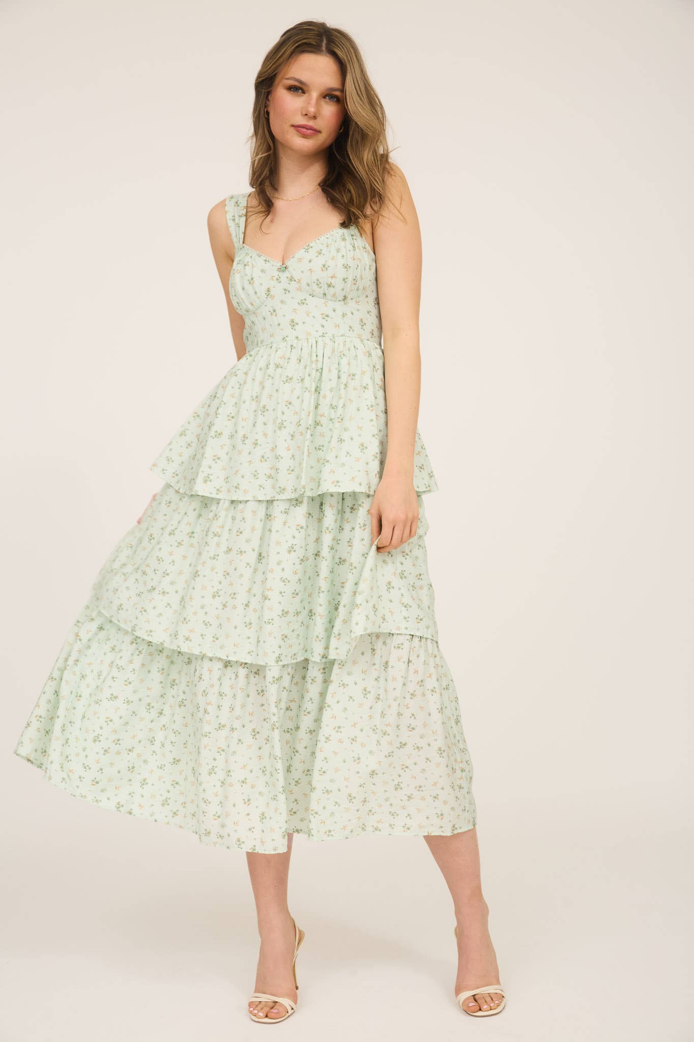 FLORAL SLEEVELESS CORSET RUFFLE TIERED MIDI DRESS: BLUE TB8824