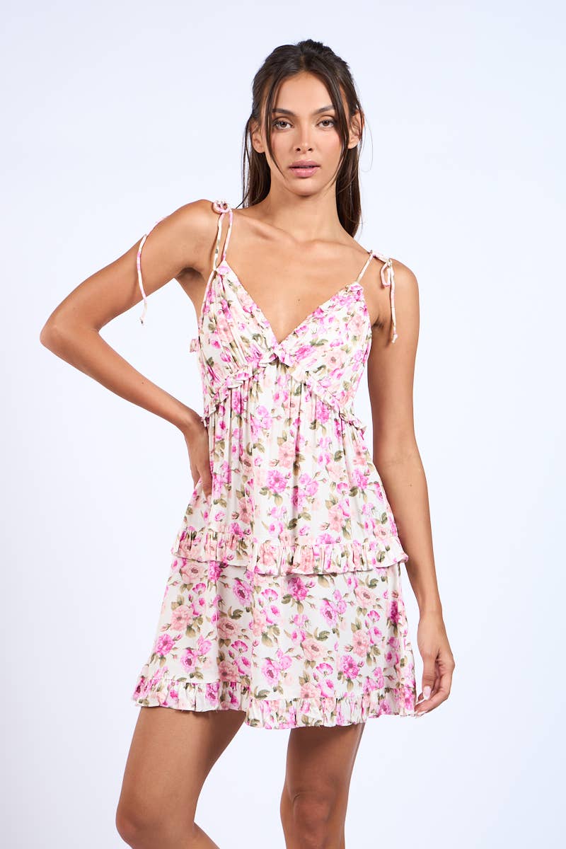 PINK FLORAL TIE STRAP RUFFLE TIERED MINI DRESS: Flowers / SM-D20620H