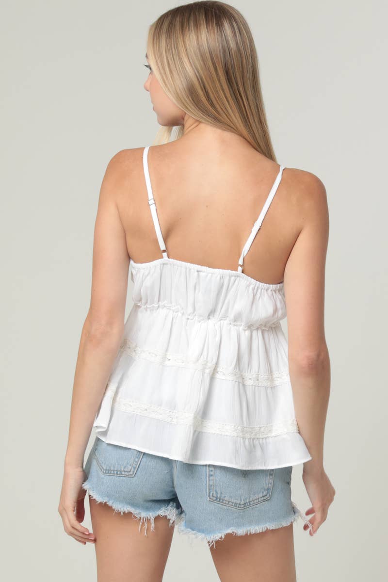 C2C99-ASIS LACE TRIM TIERED CAMI TANK TOP WITH TIE