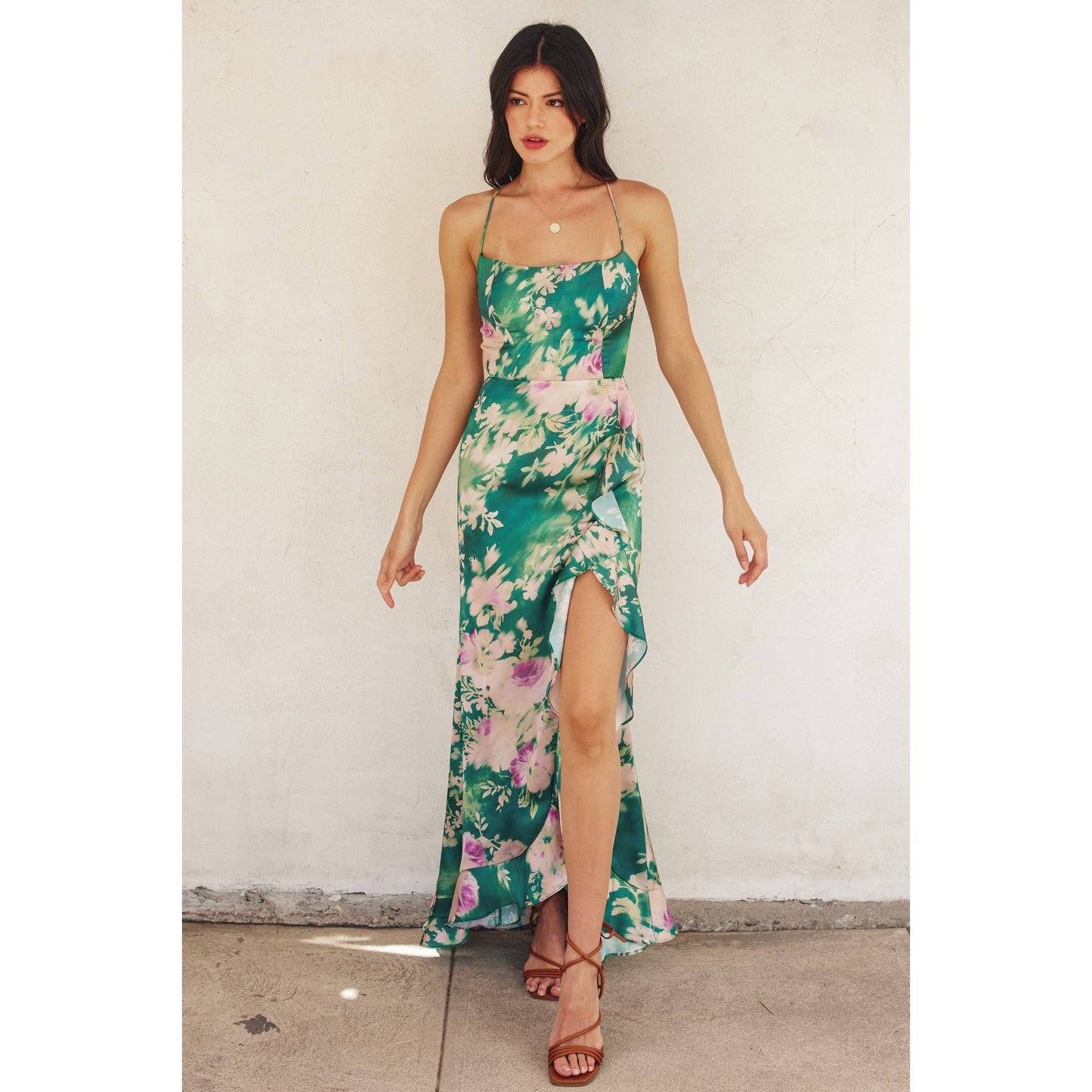 Giverny Open Back Ruffled Maxi Dress: EVERGREEN GARDEN / FD9733-P1759