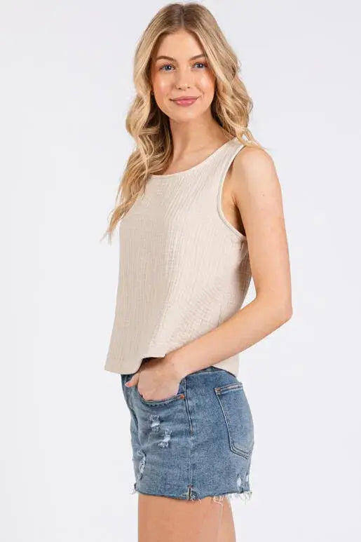 Cotton Gauze Round Neck Sleeveless Top - NT31273A: Black