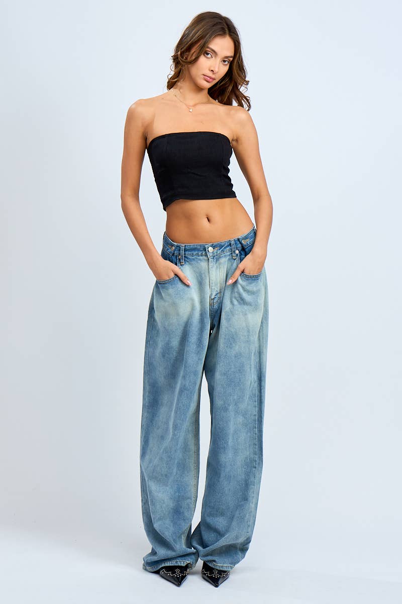 LINEN CORSET STYLE BACK CROSSED TIE TUBE CROP TOP: Hazel Wood / SM-T10264A
