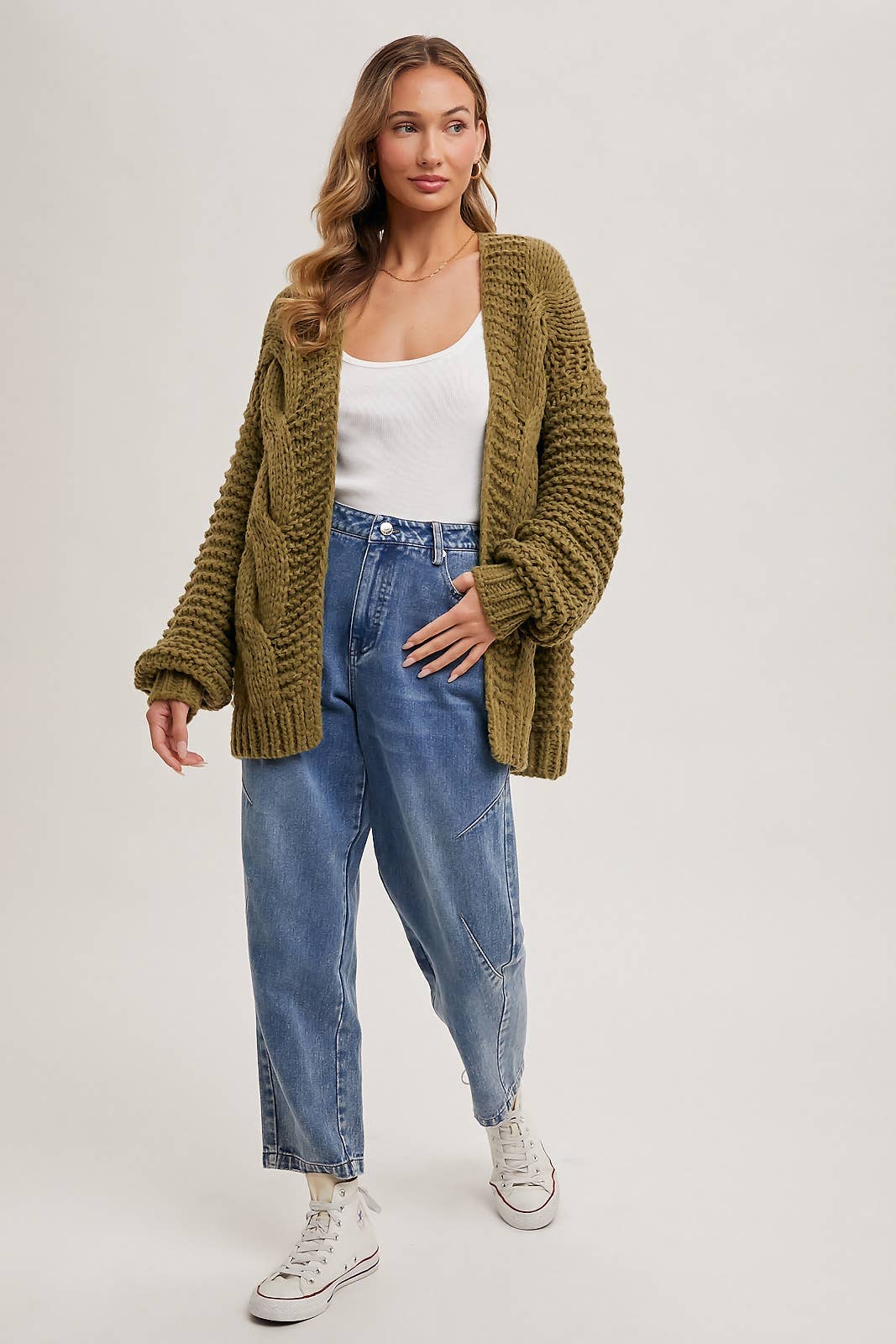CHUNKY CABLE CARDIGAN: OLIVE / C01713