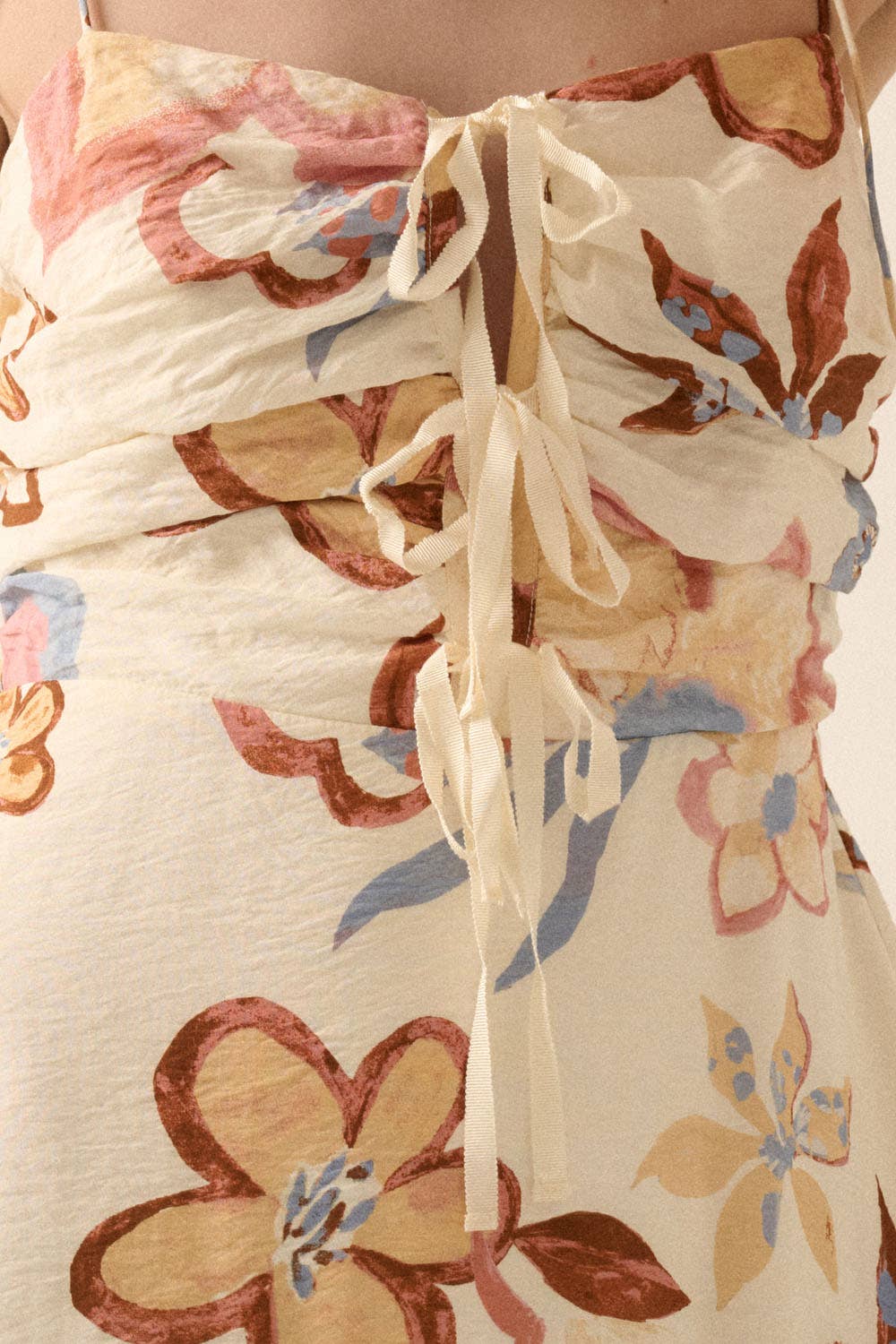 Textured Floral-Print Tie-Front Ruffle Midi Dress: CREAM / NDC2208C