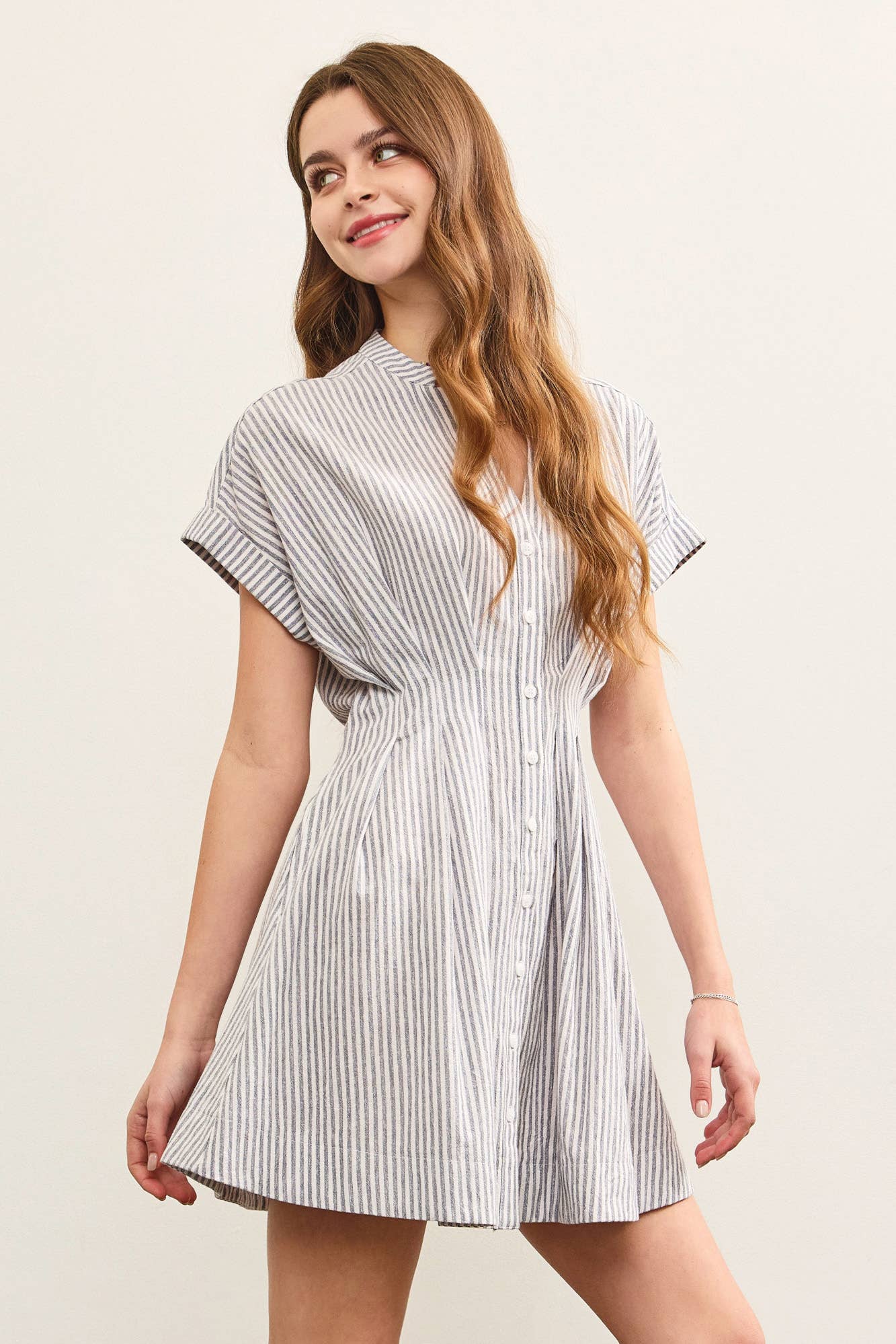 STAND UP COLLAR PLEATED WAIST FLARE DRESS: DENIM / S24577
