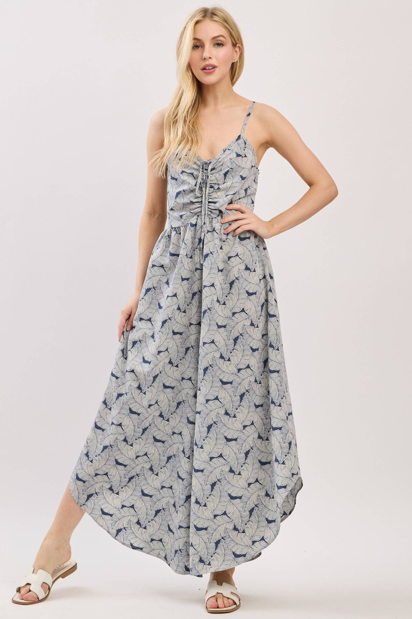 Front Ruched Round Hemming Midi Jumpsuit - VNJU60322A5: Denim Blue