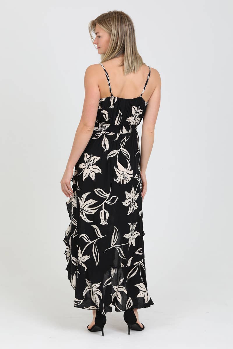 C4684-W921 V NECK RUFFLED DOUBLE SLIT MAXI DRESS