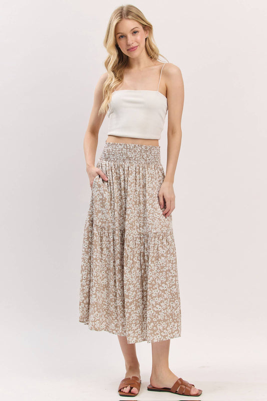 Print Tiered Midi Skirt - VS3533A: Taupe
