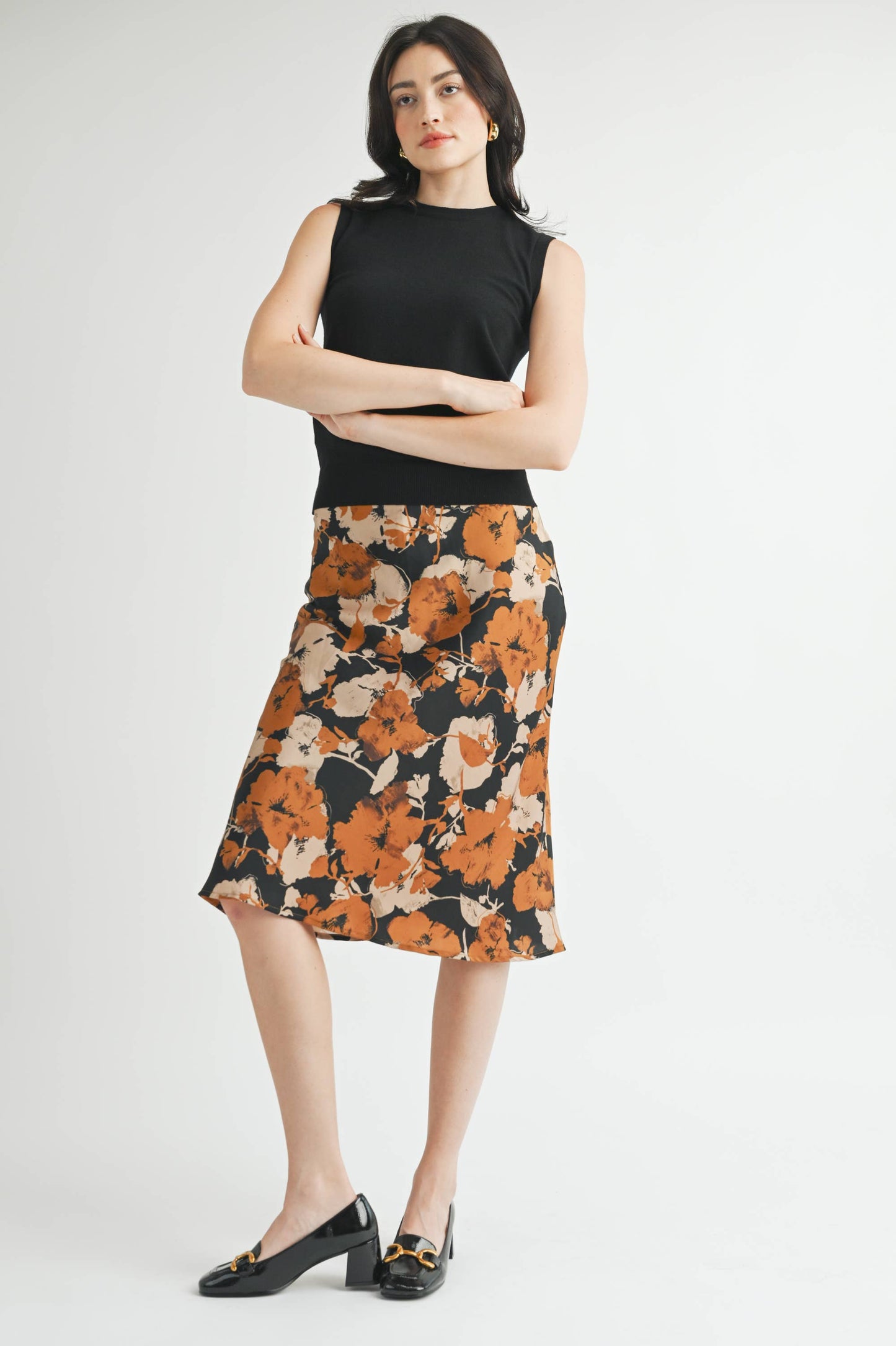 FLOWER PRINT BIAS CUT MIDI SKIRT : BLACK COMBO / FS67306