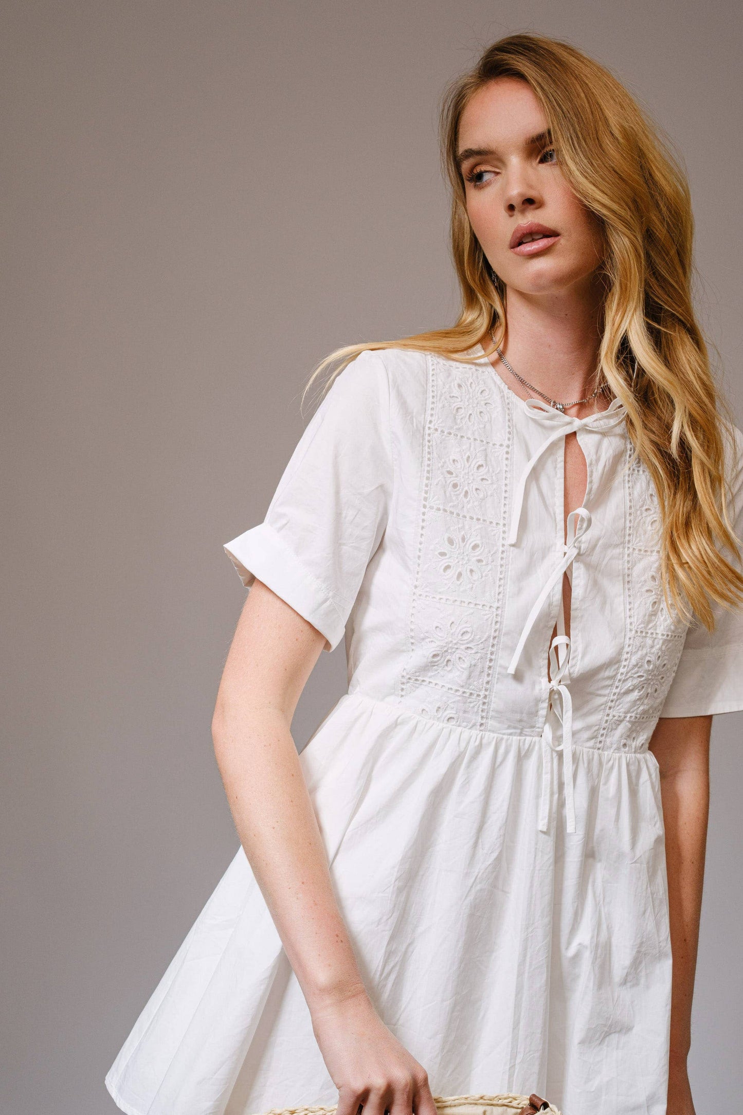 23318D - Eyelet Lace Tie Front Short Sleeve Mini Dress: OFF WHITE