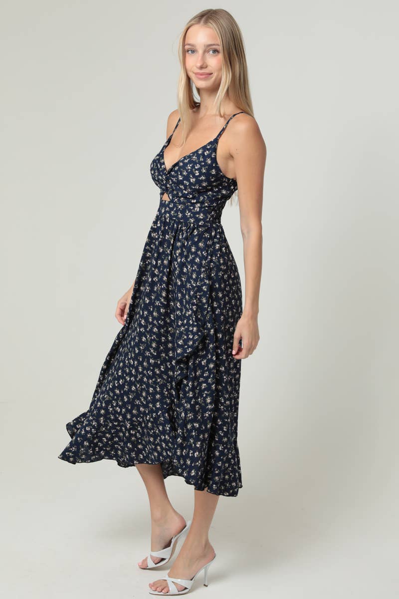 C4F25-WA92 V NECK TWIST FRONT CUT OUT SIDE SLIT RUFFLE MIDI