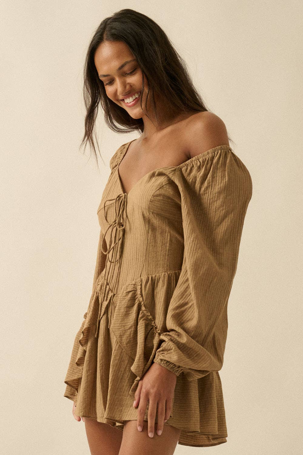 Tonal-Stripe Ruffled Tie-Front Peasant Romper: OATMEAL / NPC2301