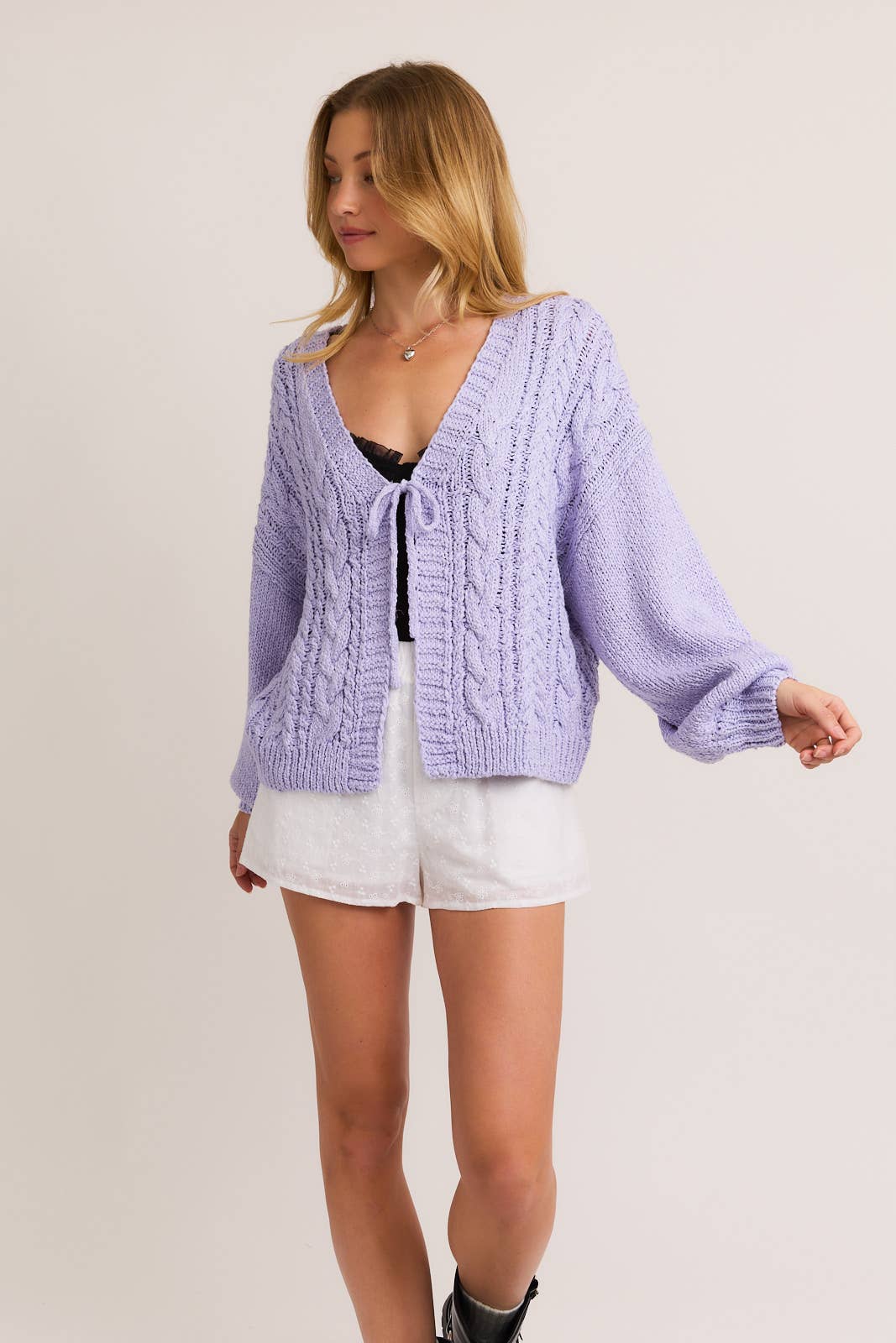 FRONT TIE CABLE CARDIGAN: LAVENDER /