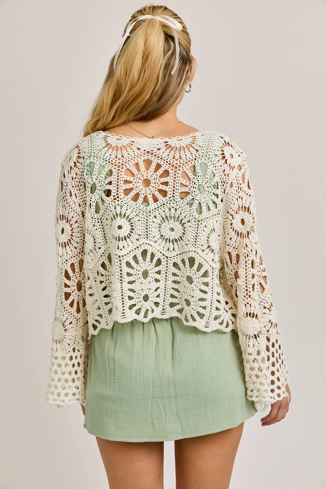 LONG SLEEVE CROCHET FRONT TIE OPEN TOP: CREAM / LWT0099
