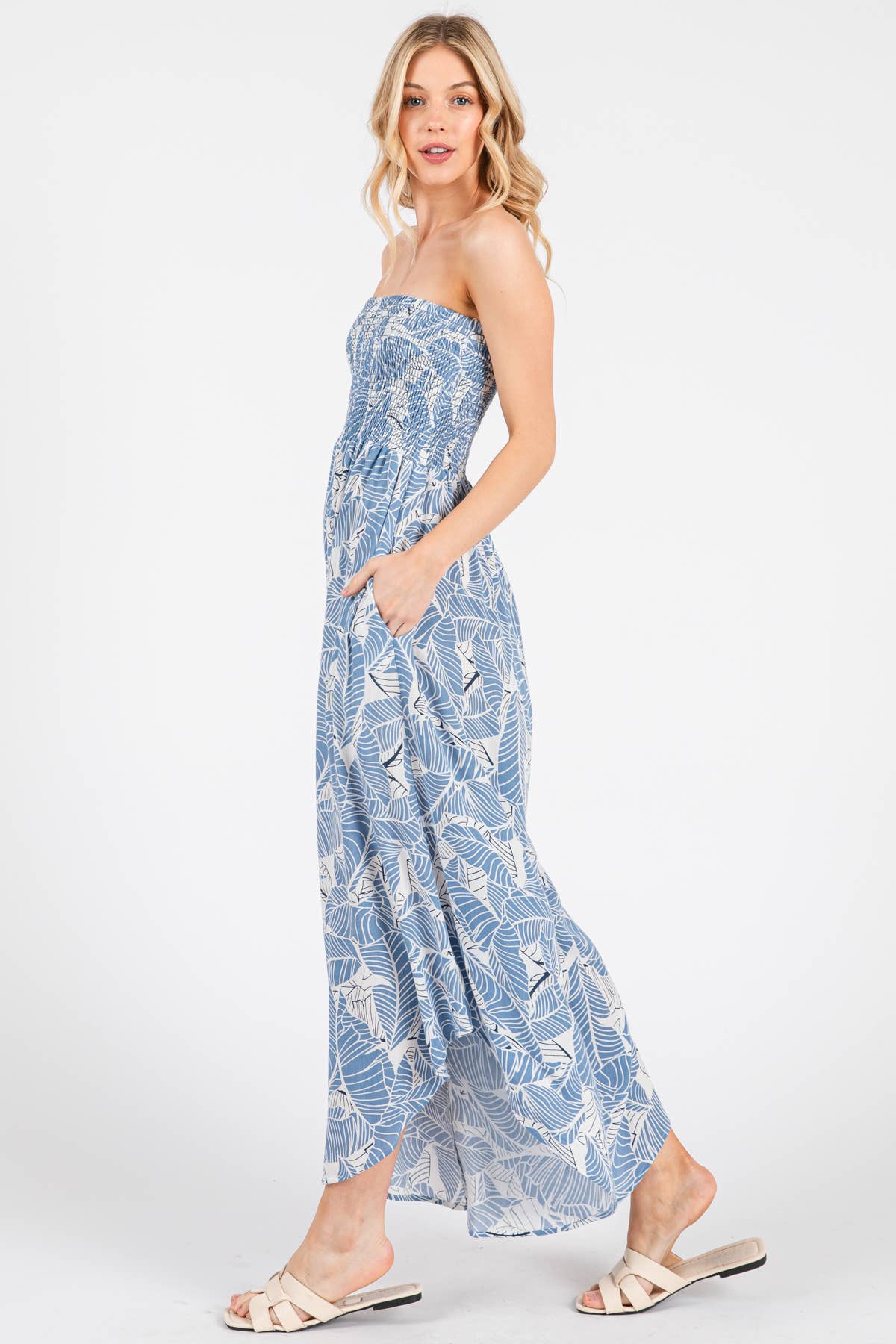 Print Smocked Detailed Off Shoulder Jumpsuit - NJU60429D: Black