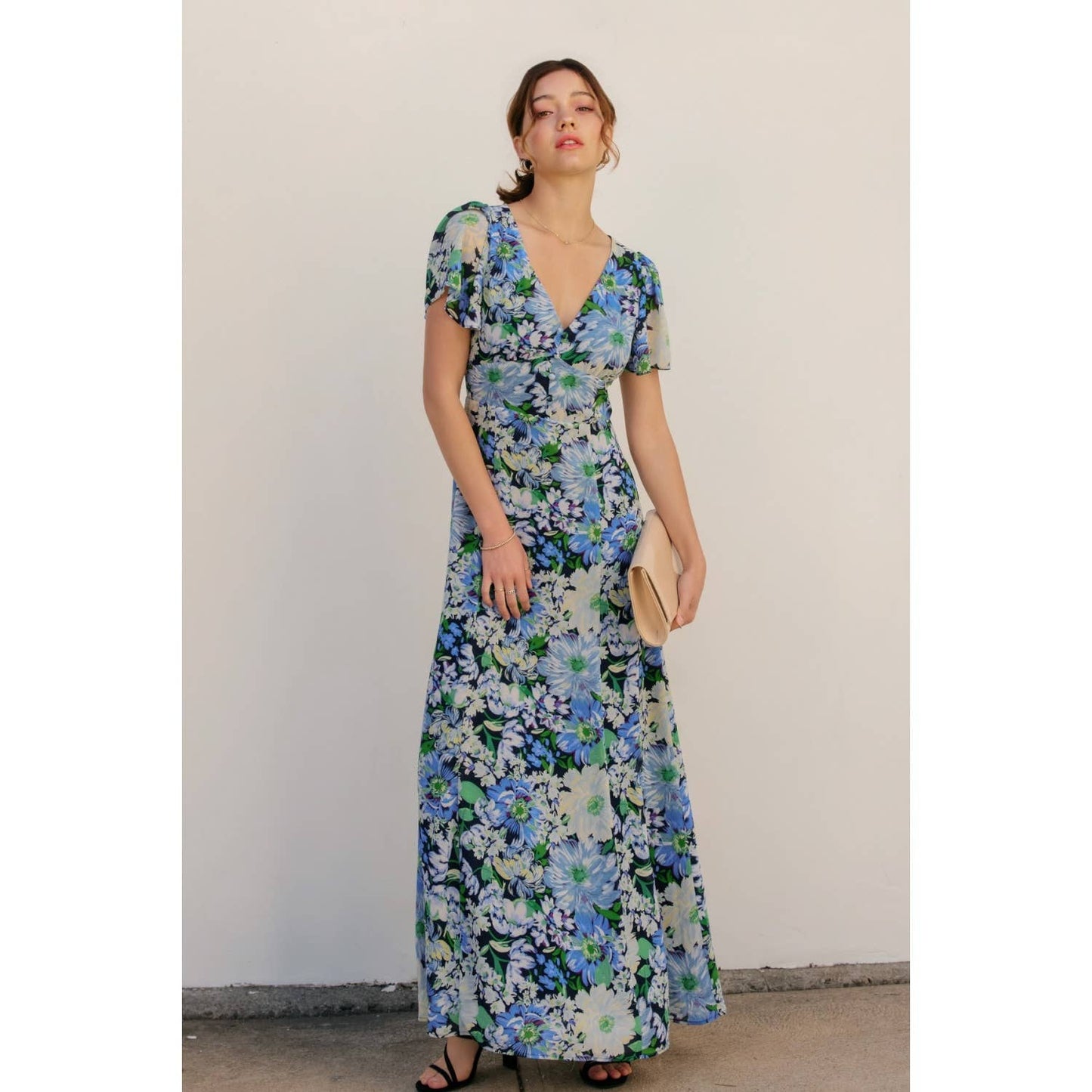 Flower Medley V Neck Flutter Sleeve Maxi Dress: NAVY PEONY / FD12607-P1933_1