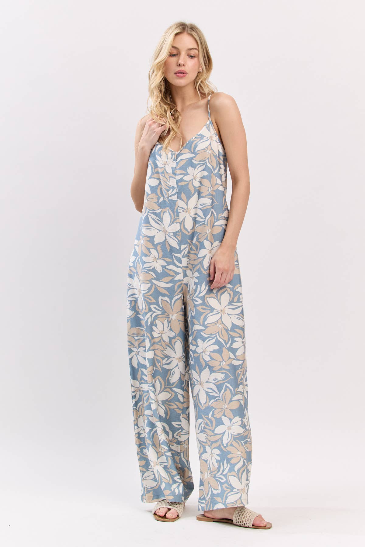 V-Neck Shoulder Strap Tie Back Jumpsuit - VJ3915: Blue/ Taupe