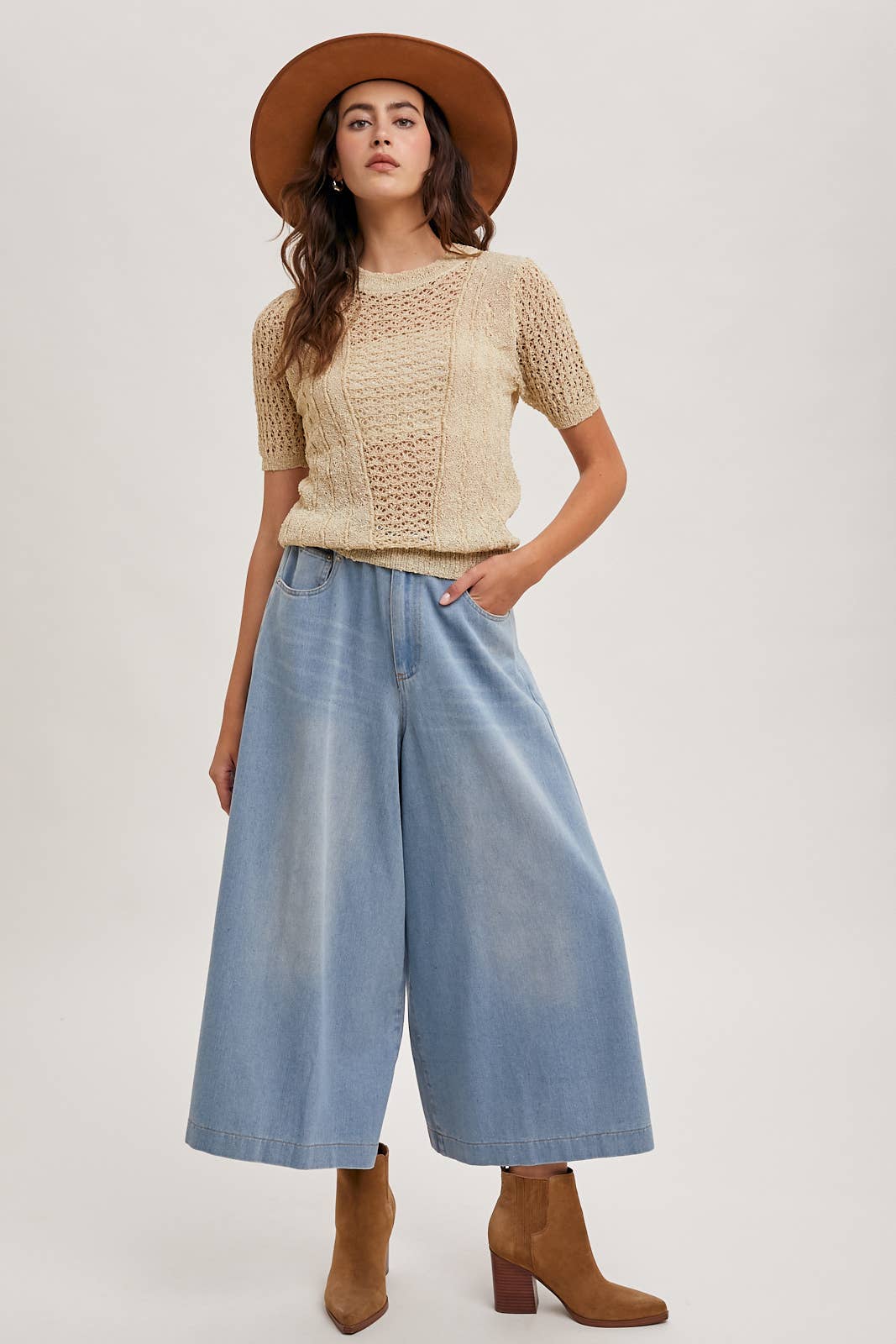 DENIM WIDE LEG CROP JEANS: LT.WASH / B02227