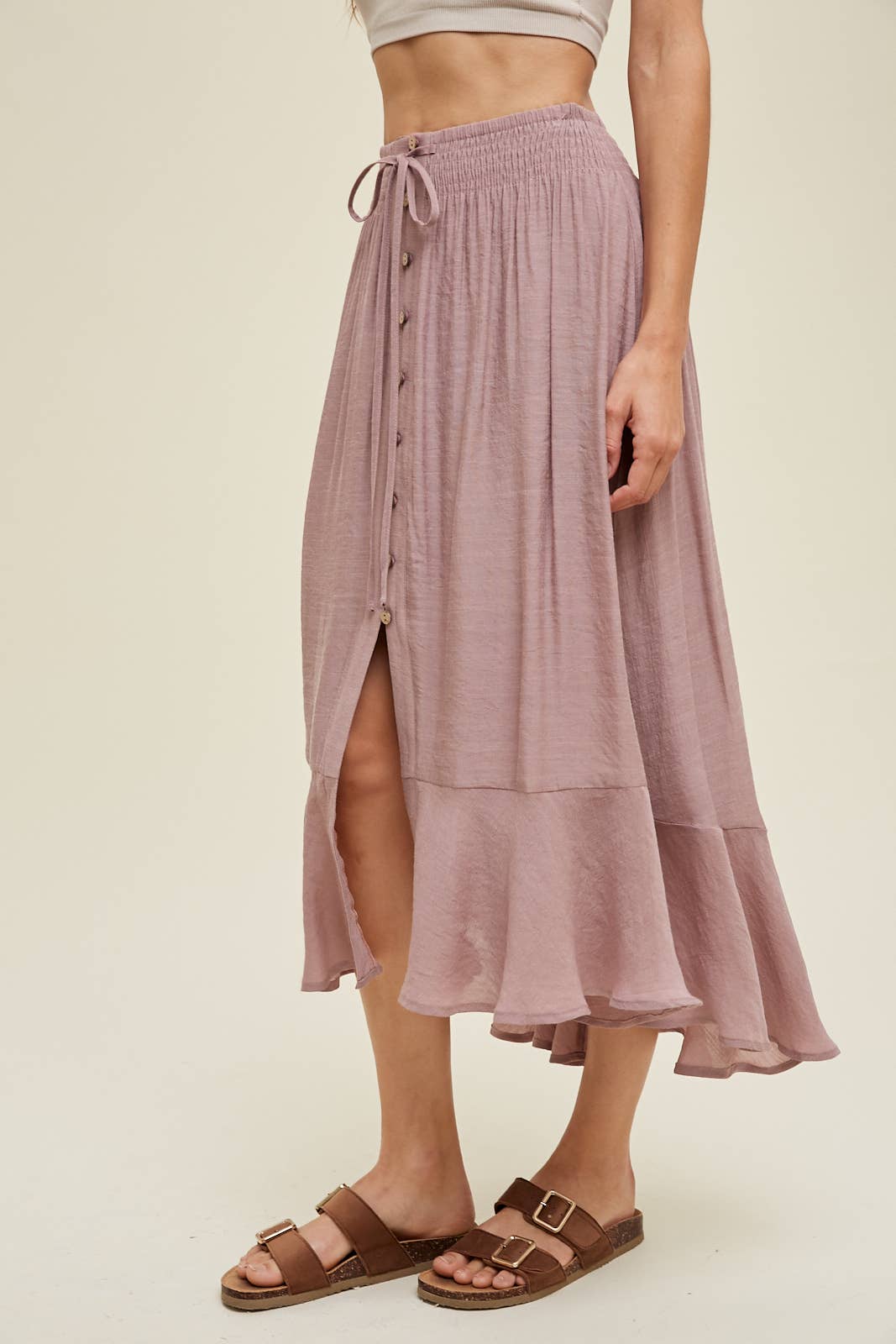 BUTTON-UP MIDI SKIRT WITH DRAWSTRING / WL23-7528: HAZELNUT