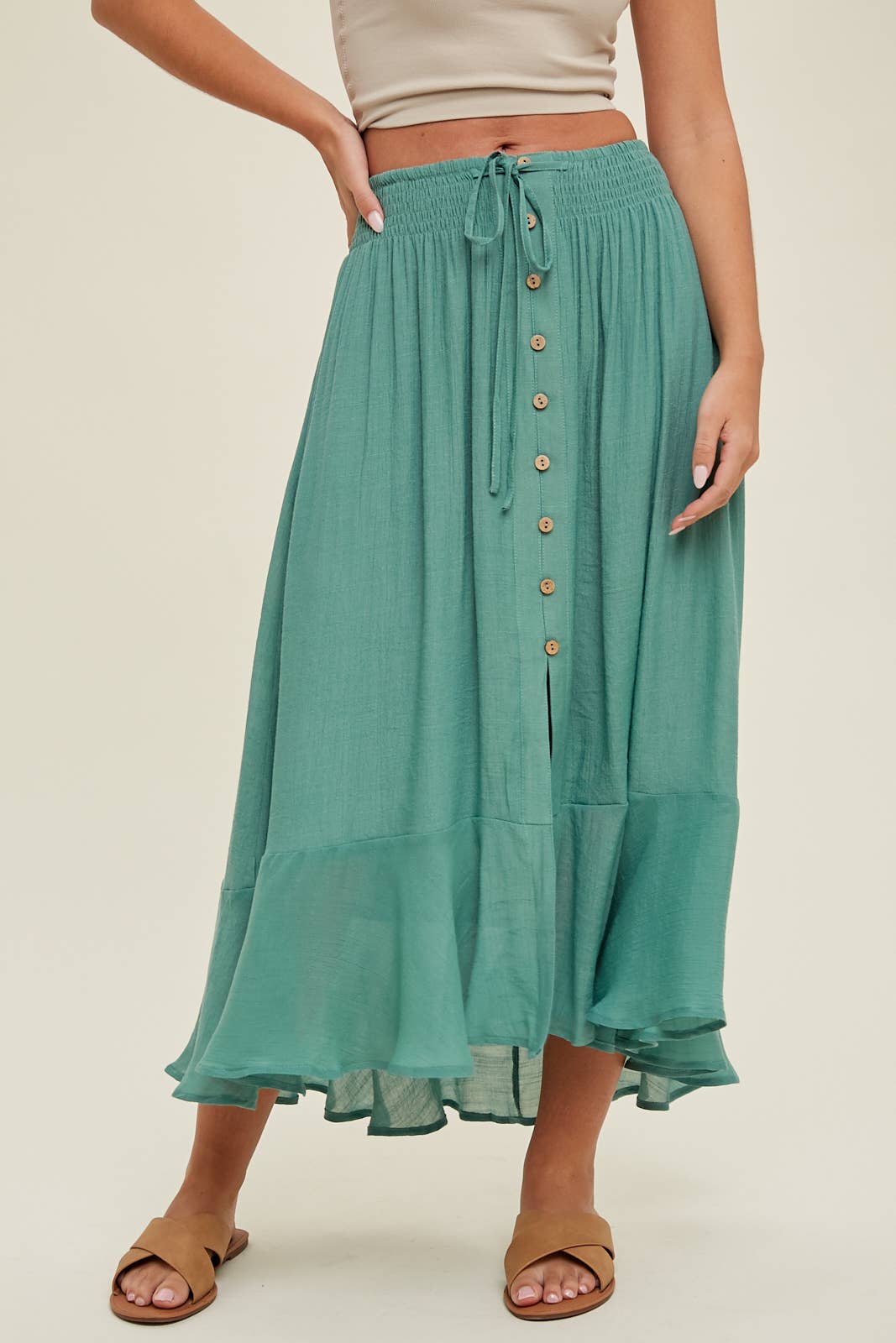 BUTTON-UP MIDI SKIRT WITH DRAWSTRING / WL23-7528: HAZELNUT