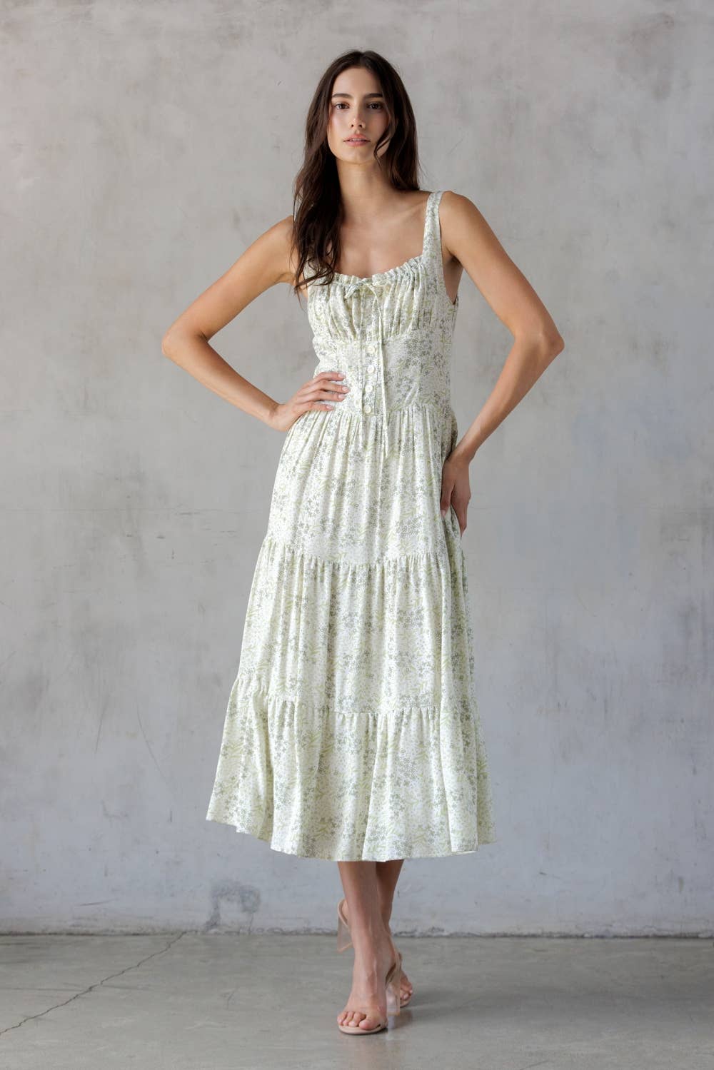 SDJD6374-1-SLEEVELESS FLORAL PRINT MIDI DRESS: IVORY/GREEN