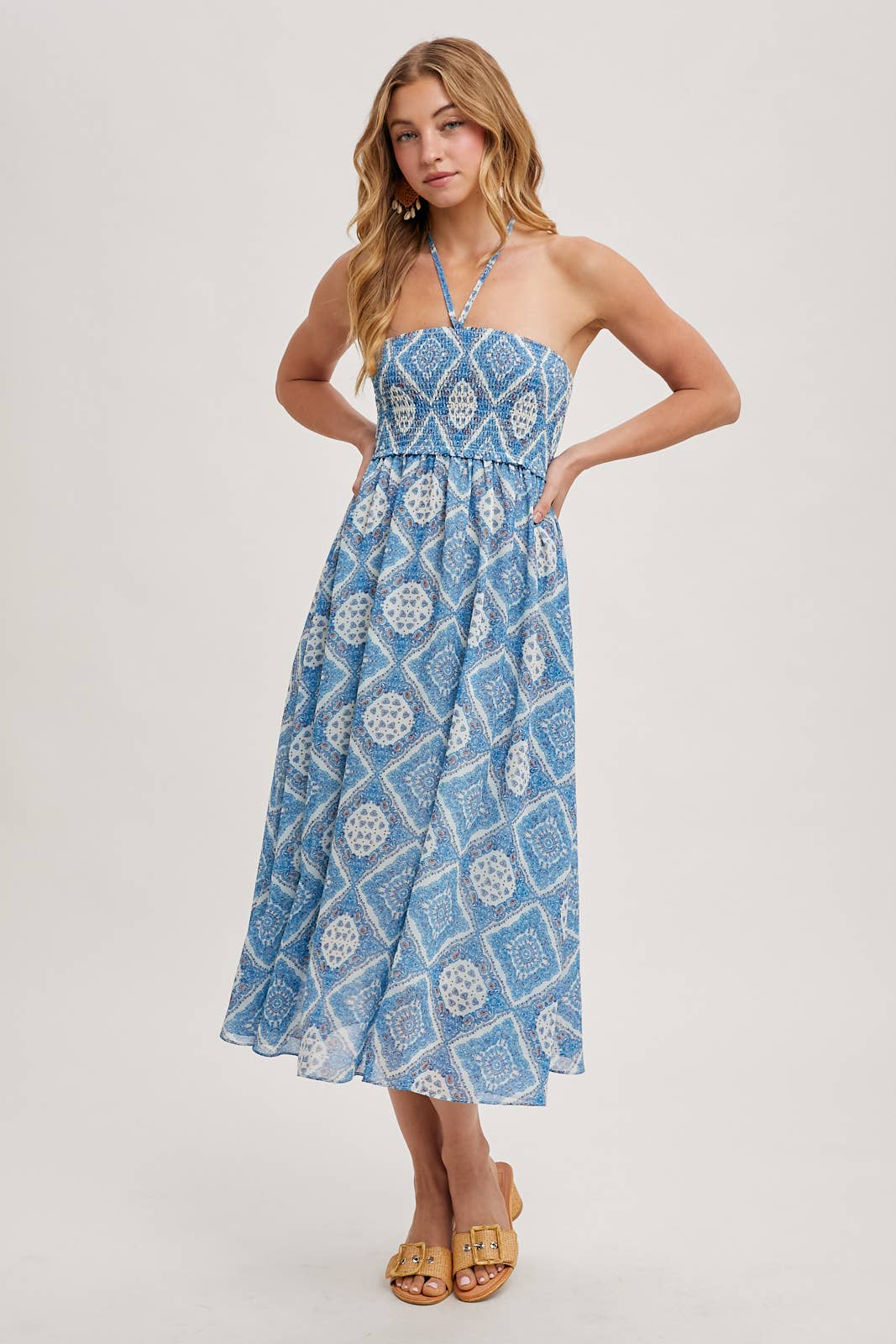 GEO PRINT SMOCKED HALTER DRESS: Green D02355