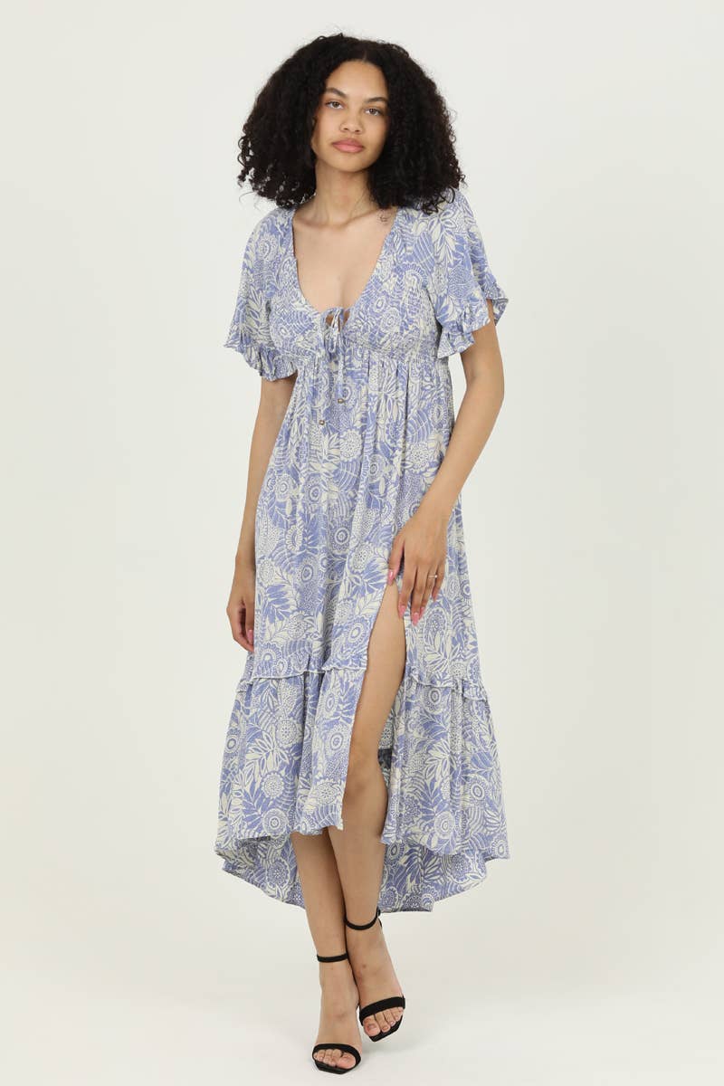 C4B39-A853 V NECK SMOCKED BODICE MAXI DRESS WITH SLIT