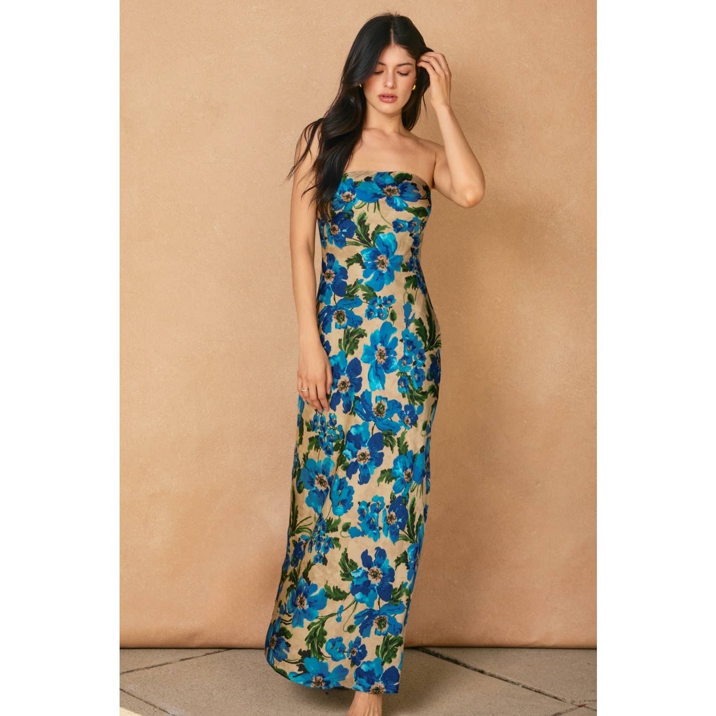 Ethereal Gardens Strapless Bias Cut Maxi Dress: BLUE JASPER / FD11771-P2183