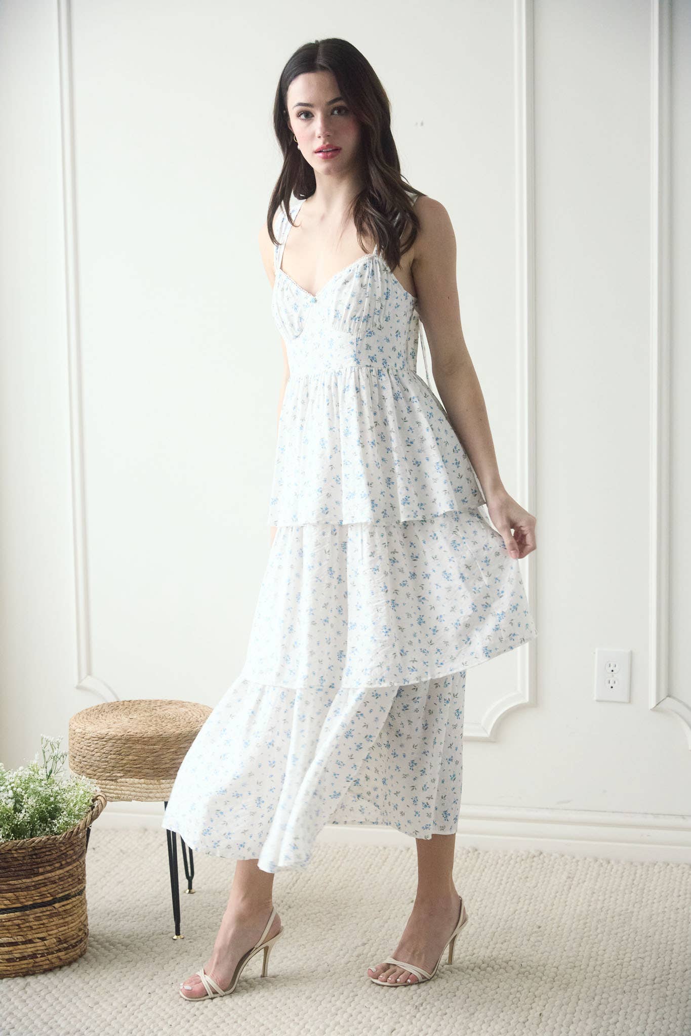 FLORAL SLEEVELESS CORSET RUFFLE TIERED MIDI DRESS: BLUE TB8824