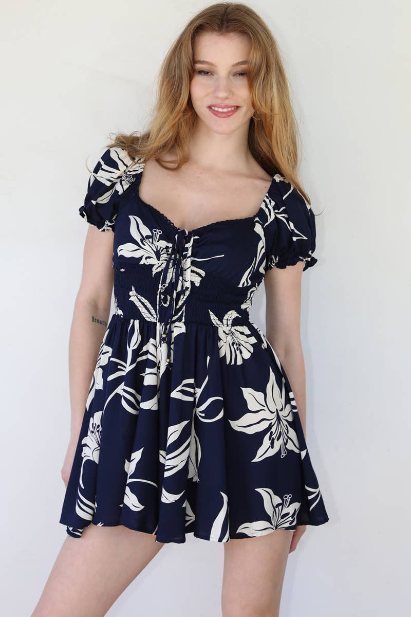 Q5X75-W921 navy SWEETHEART NECK SMOCKED WAIST ROMPER