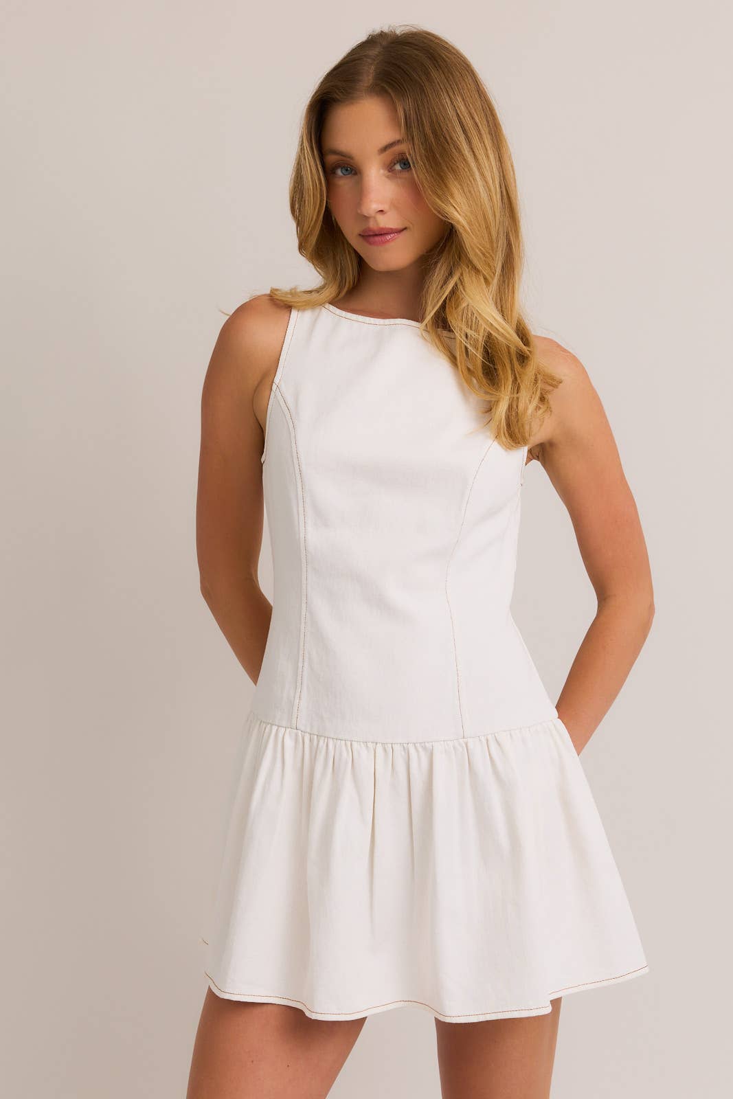 BOAT NECK SLEEVELESS LOW WAIST DENIM DRESS: WHITE DENIM / SD2297-3 – Sugar Sugar Hawaii BOAT NECK SLEEVELESS LOW WAIST DENIM DRESS: WHITE DENIM / SD2297-3 – Sugar Sugar Hawaii
