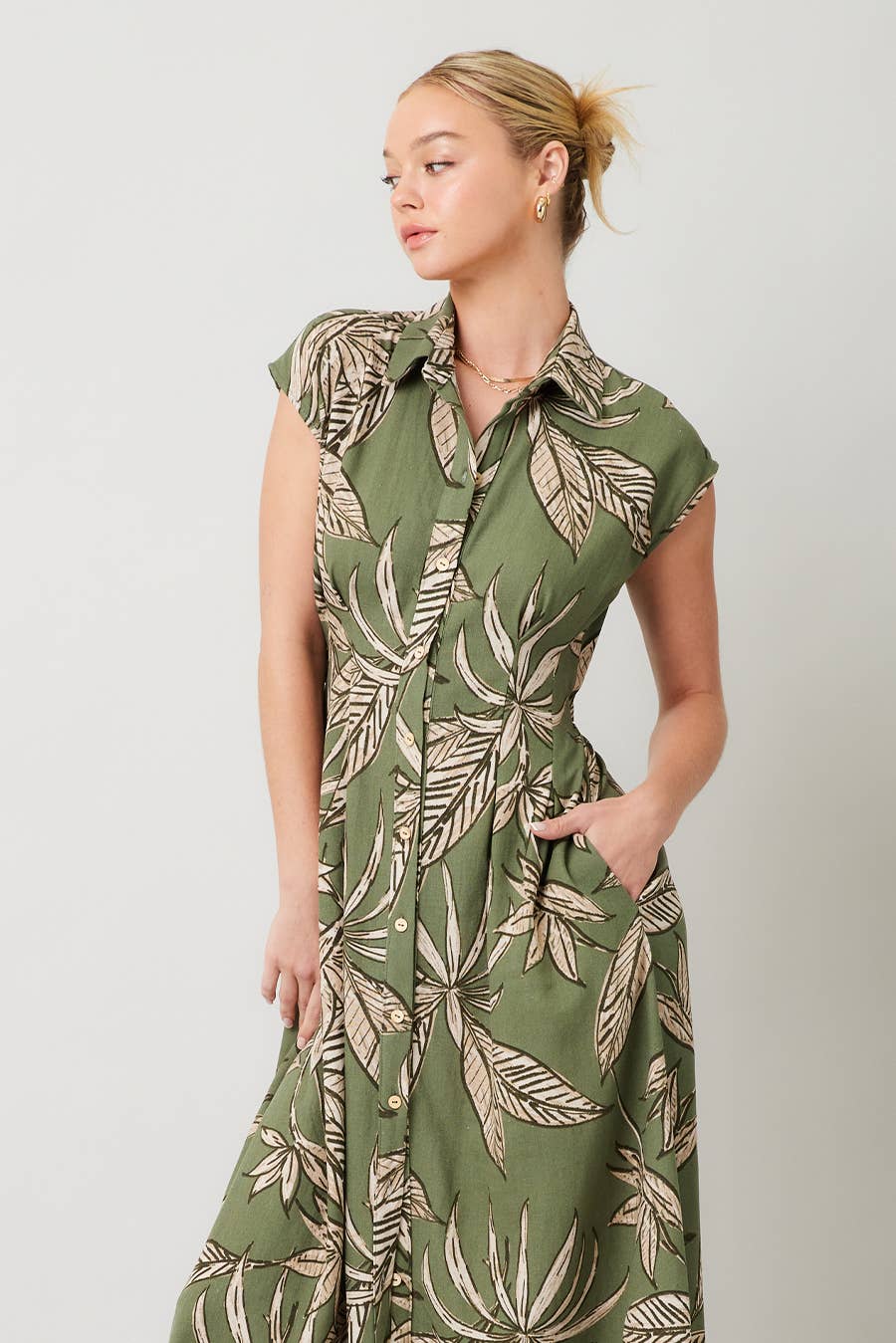 Printed Linen Cut Out Back Midi Dress : OLIVE / IM8755