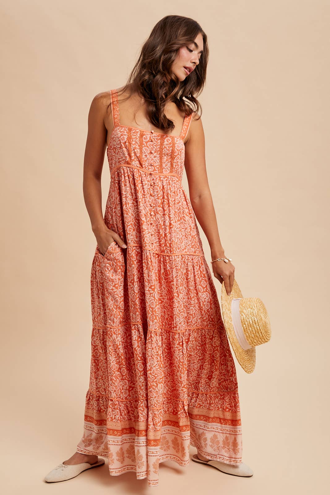 BORDER PRINT SLEEVELESS MAXI DRESS: PAPAYA / ILD6258