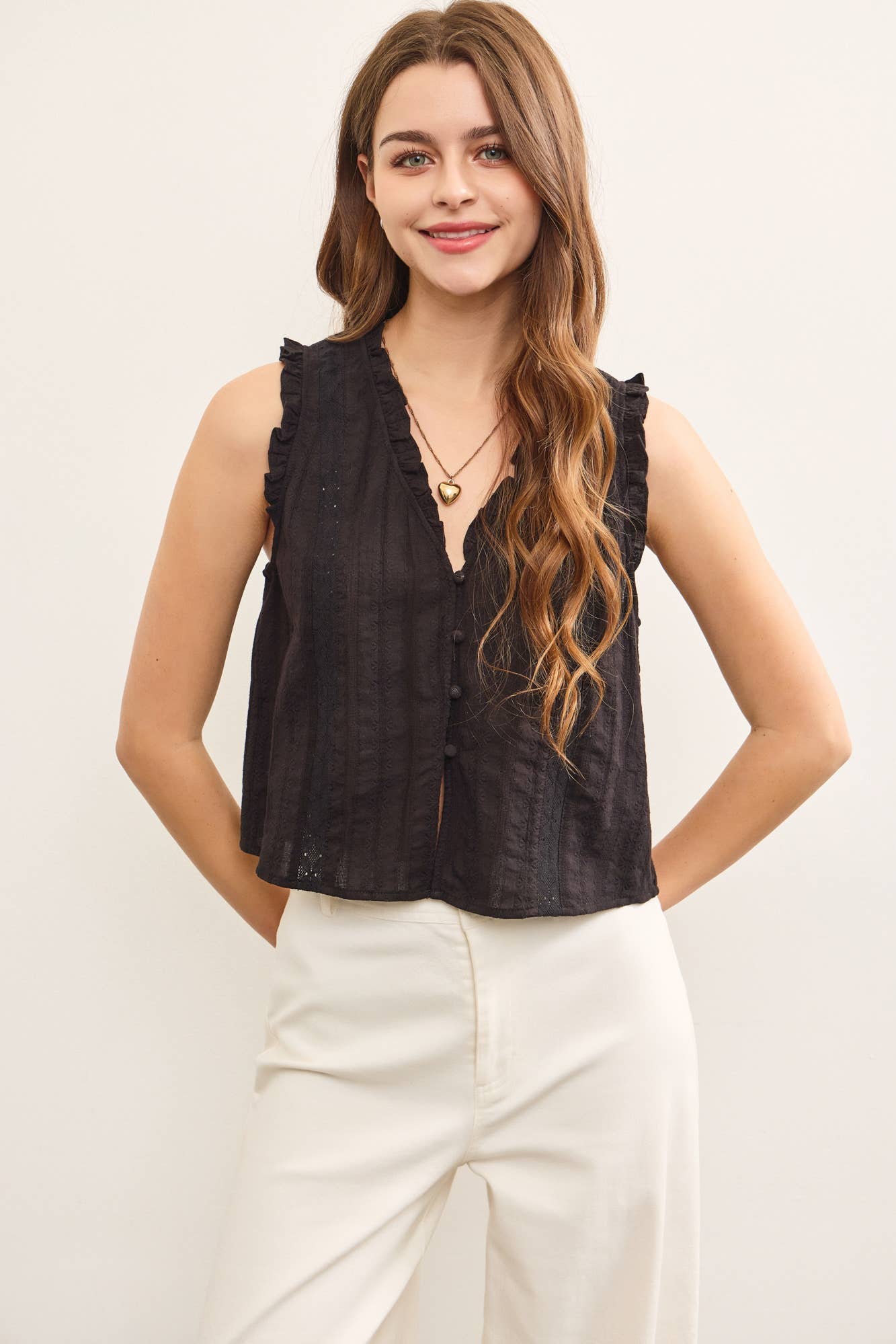 RUFFLED V NECK BUTTON CLOSURE TOP: Black / S24759