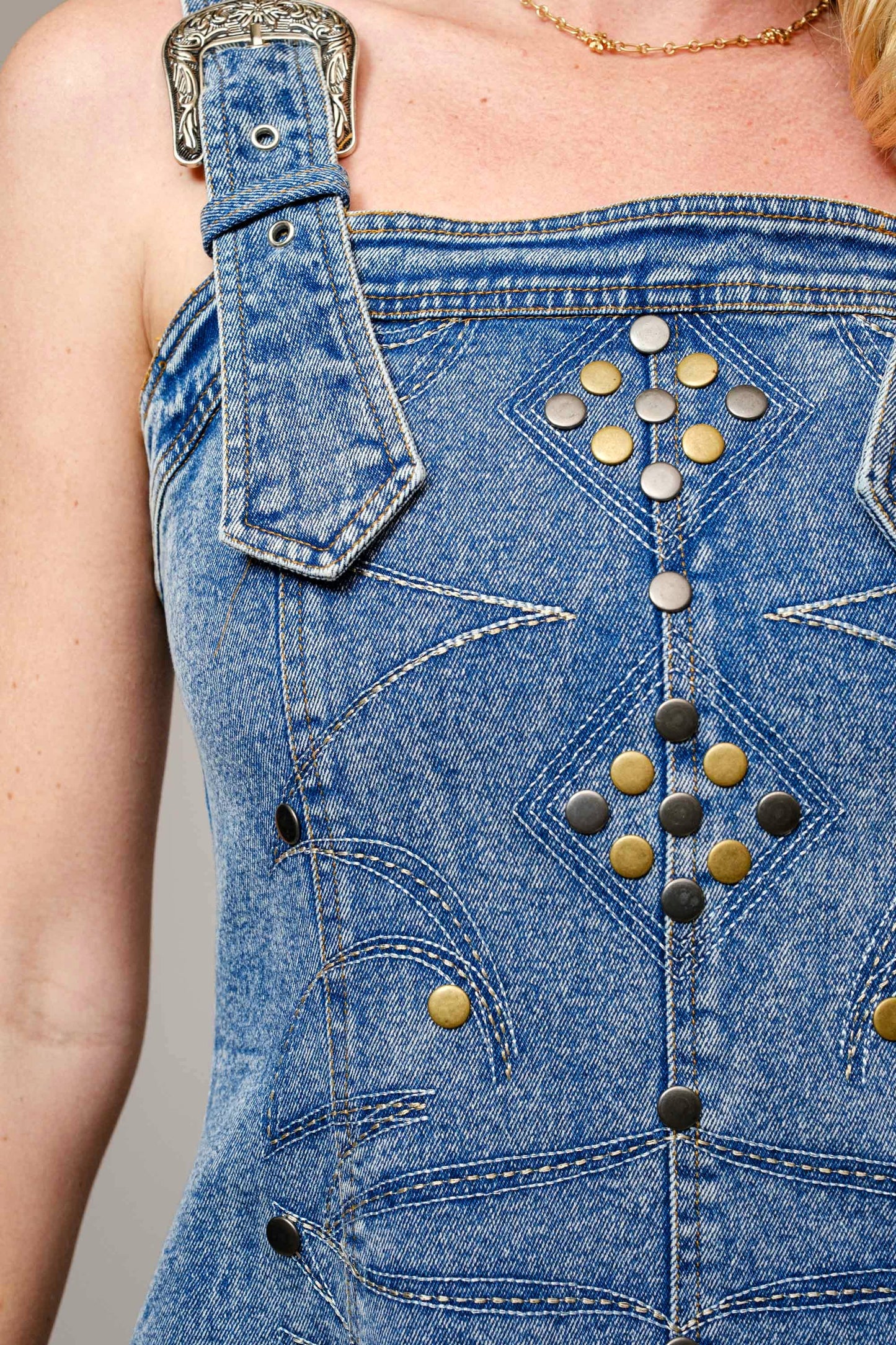 23466D - Studded Western Buckle Stretch Denim Dress: SAND