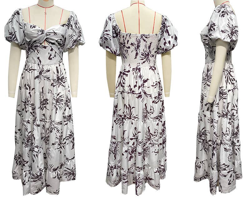 Puff off the shoulder twist floral prairie maxi dress: Yellow / RCJY00262-Yellow