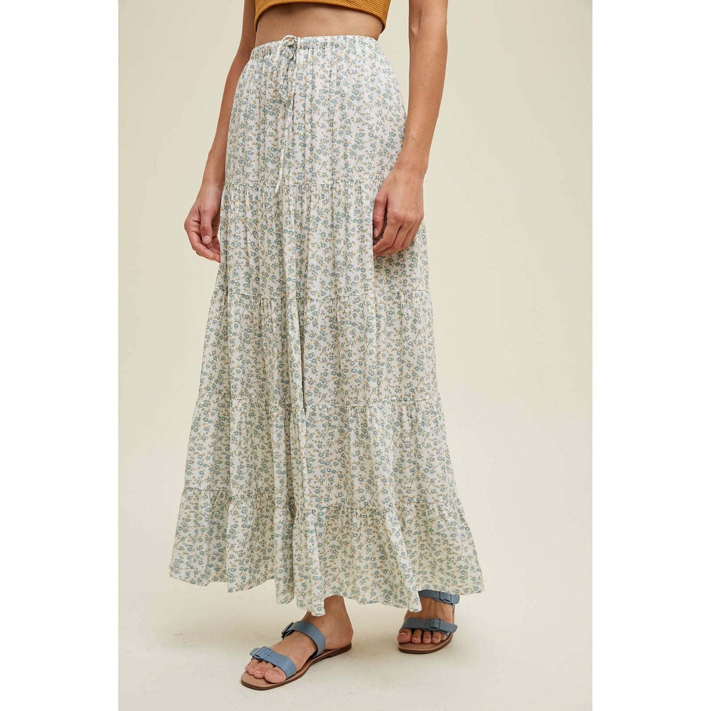 FLORAL TIERED MAXI SKIRT WITH DRAWSTRING / WL24-8678: D.SAGE