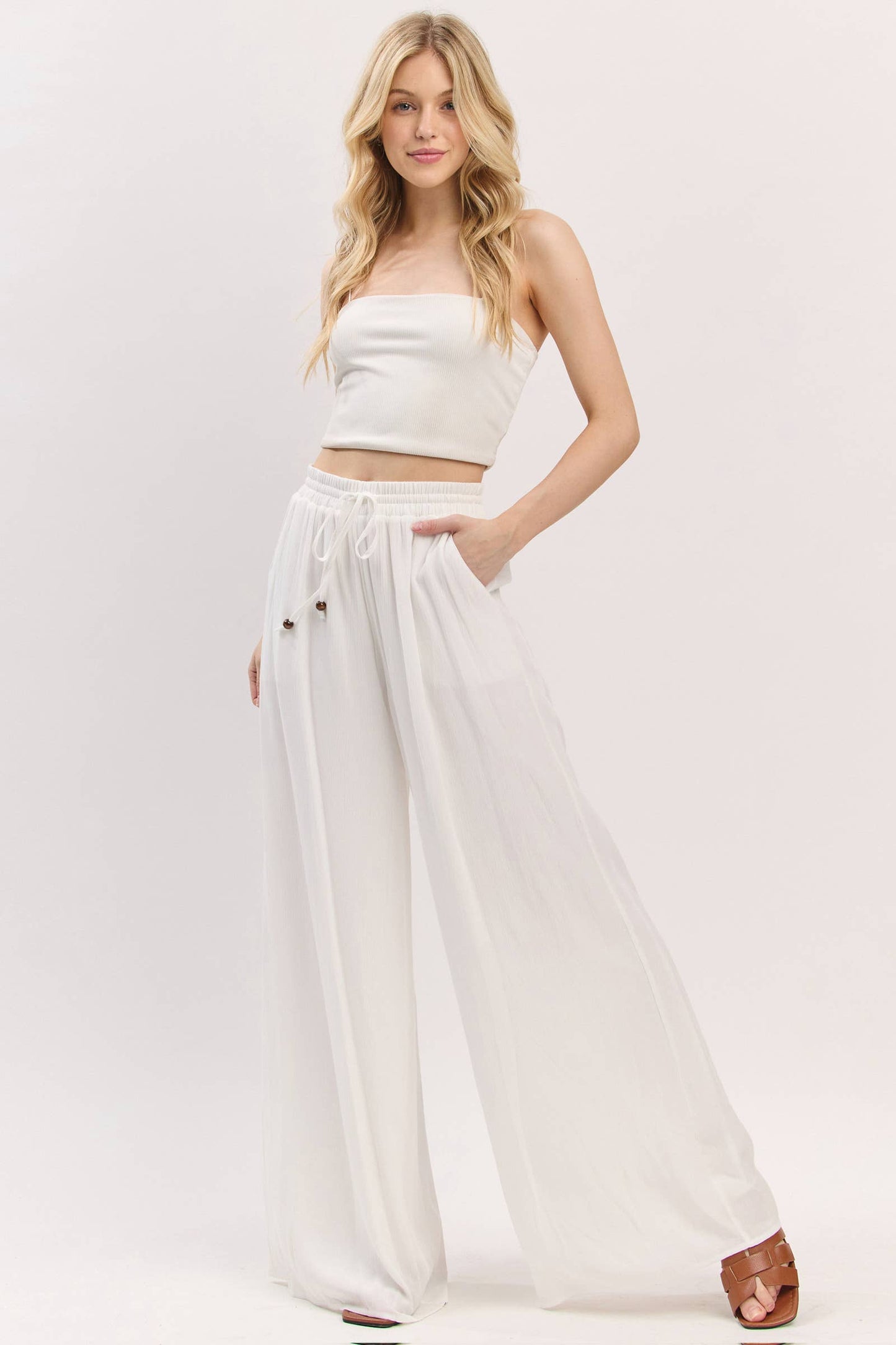 Solid Elastic Waistband Wide Leg Pants - VP3973: Ivory