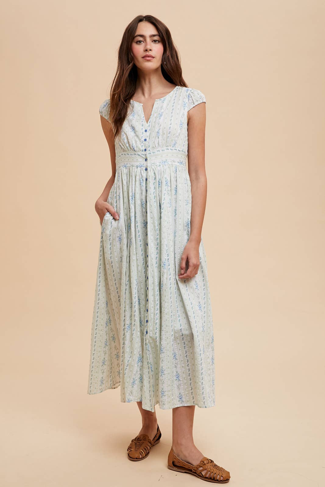 COTTON FLORAL BUTTON DOWN MAXI DRESS: FRENCH BLUE / ILD6332