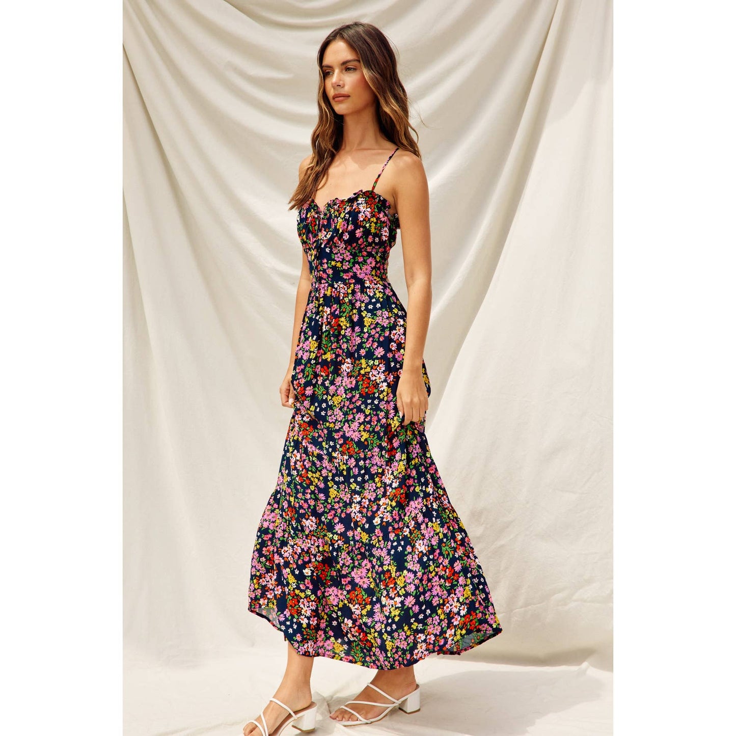 Full Bloom Corset Tie Back Dress: MIDNIGHT DAISY / FD9332-P1478