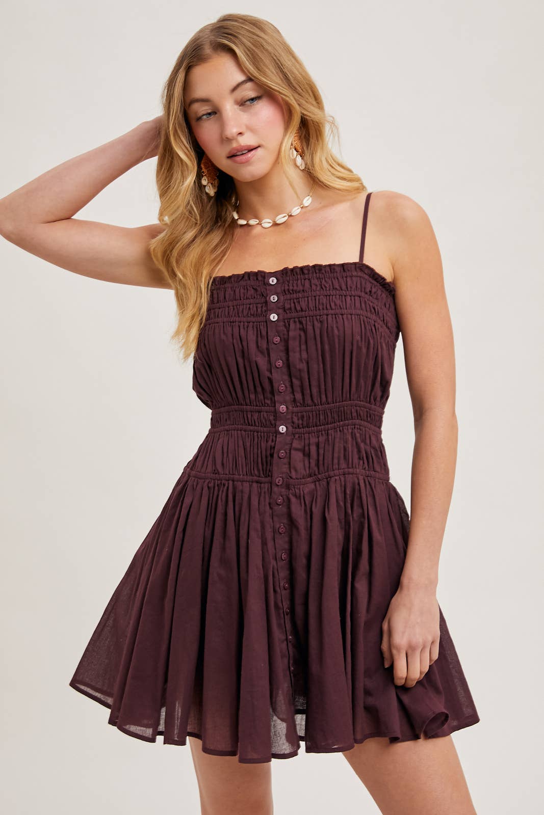 SMOCKED BUTTON DOWN SLEEVELESS MINI SLIP DRESS: PLUM / D02287