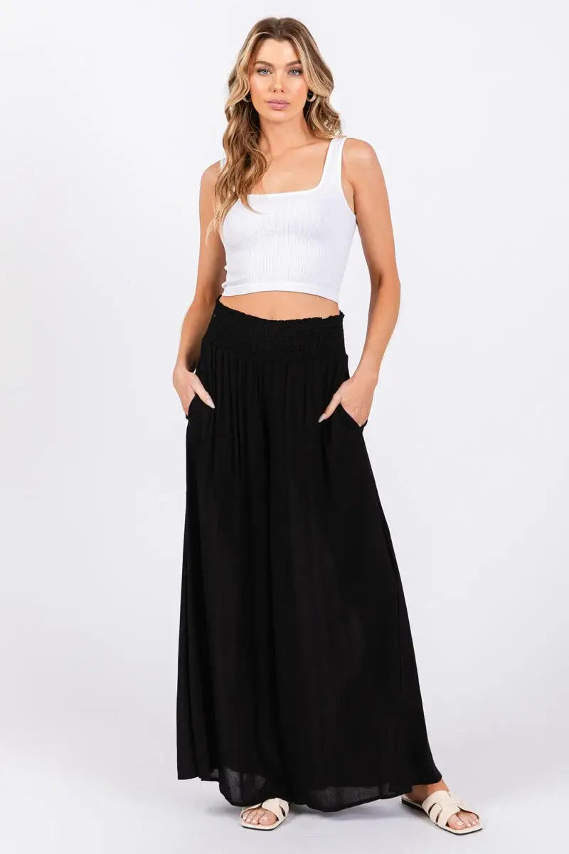 Smocked Waist Wide Leg Pants - NP16530Y: Military Green