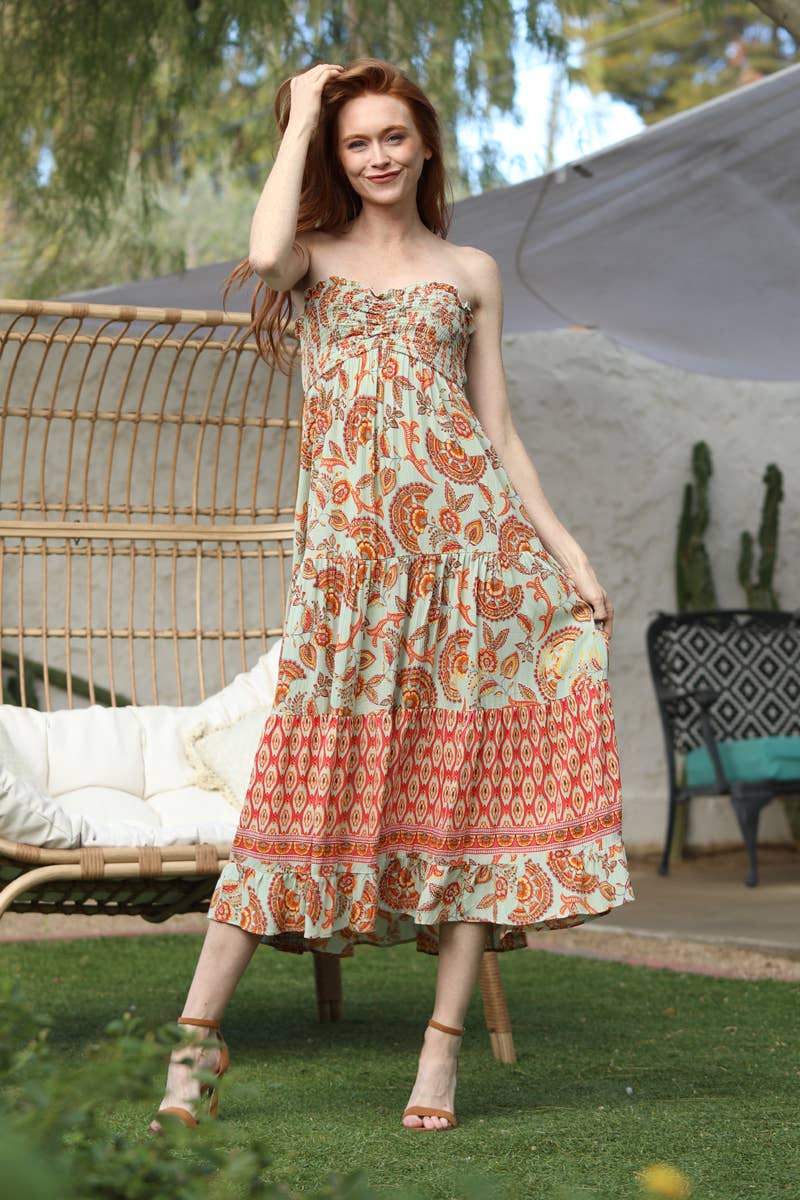 C4A90-A889 SMOCKED BUST STRAPLESS TIERED MAXI DRESS
